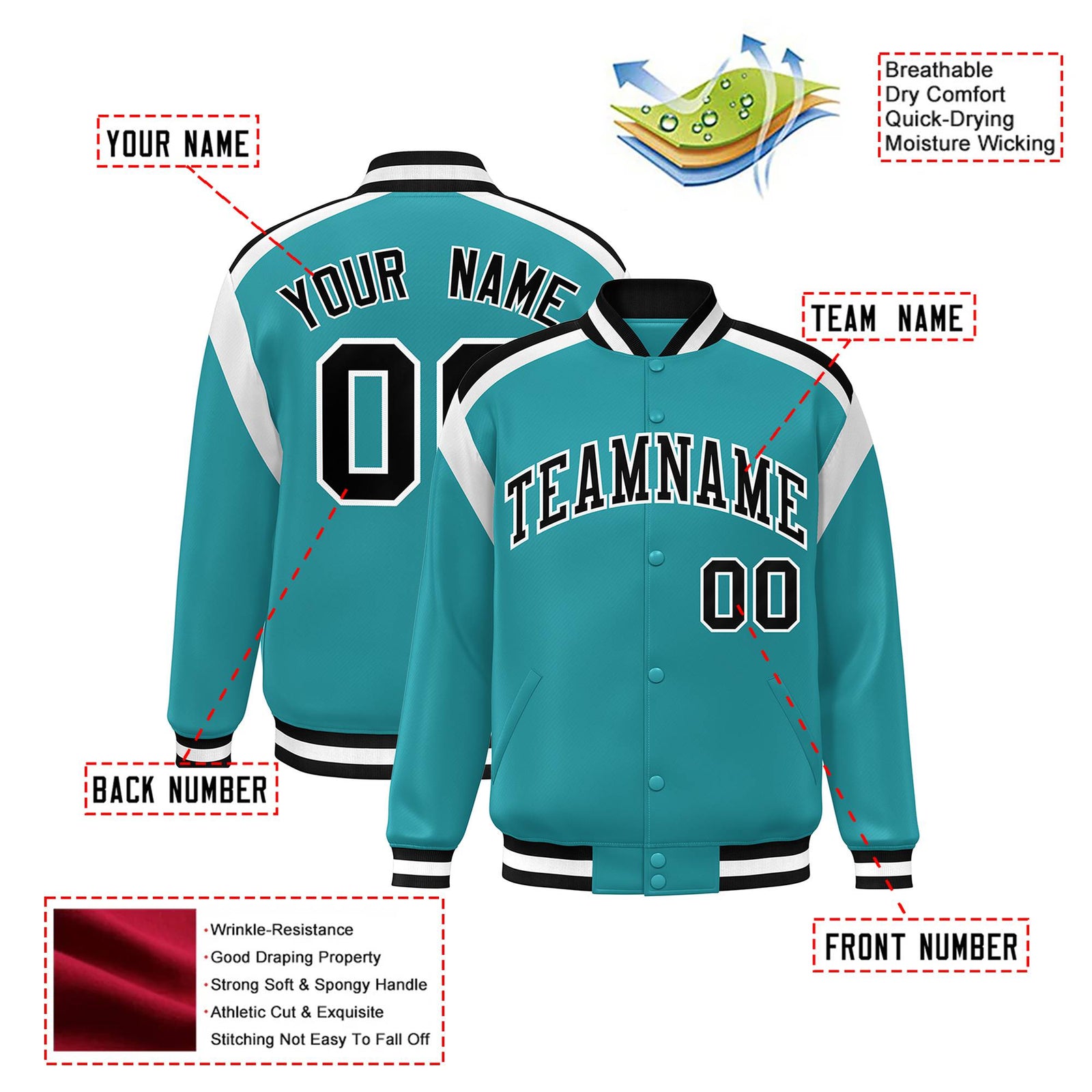 Custom Aqua Black-White Bomber Full-Snap Varsity Letterman Shoulder Stripe Jacket