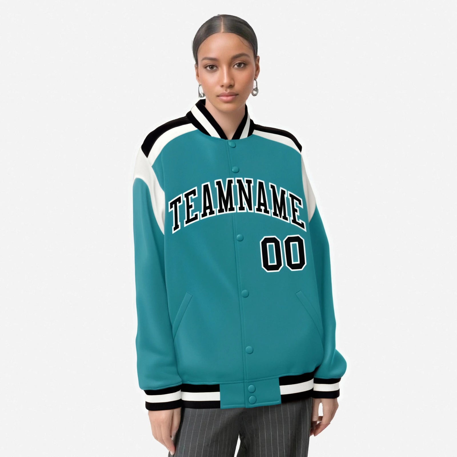 Custom Aqua Black-White Bomber Full-Snap Varsity Letterman Shoulder Stripe Jacket