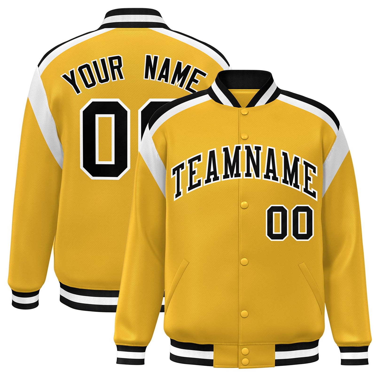 Custom Yellow Black-White Bomber Full-Snap Varsity Letterman Shoulder Stripe Jacket