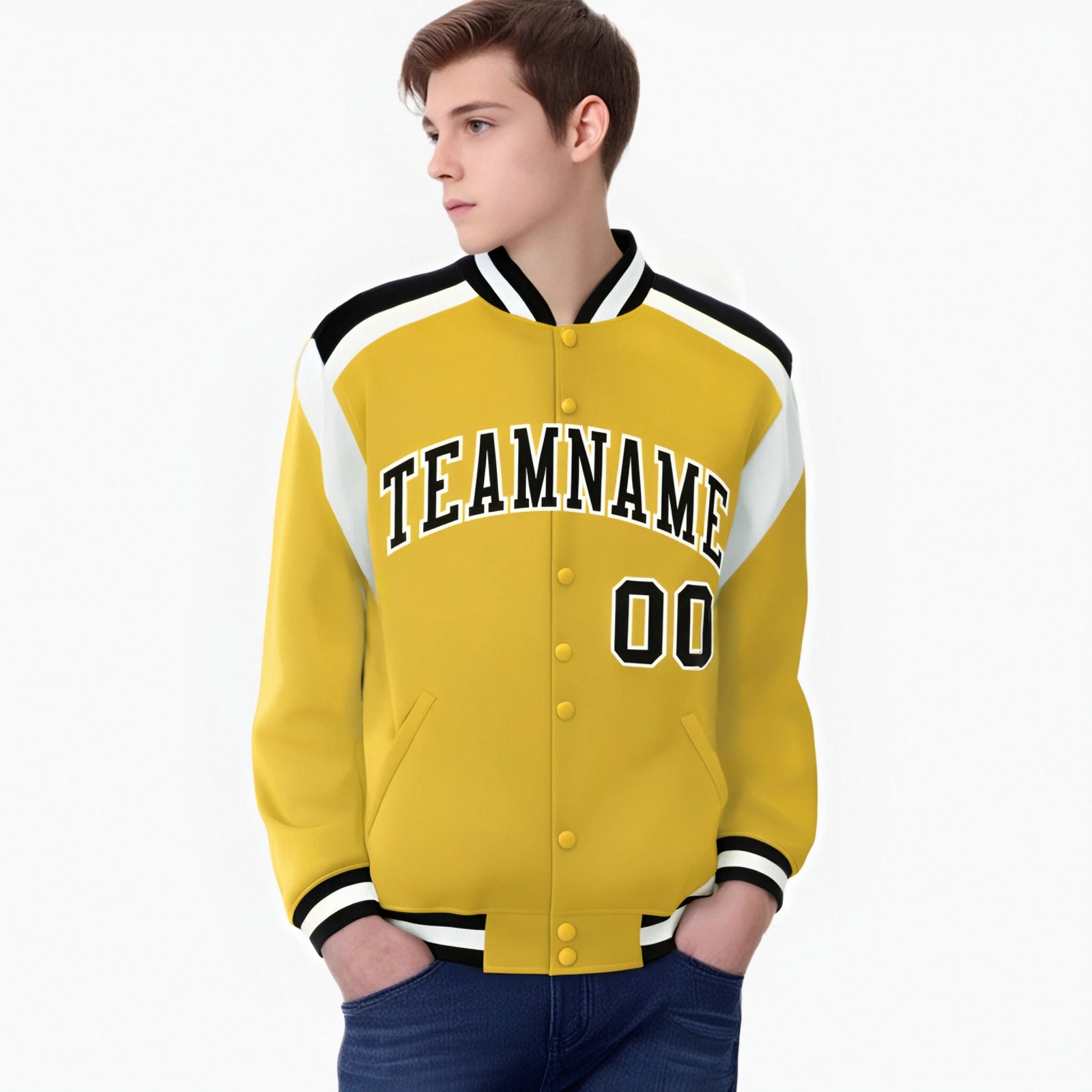 Custom Yellow Black-White Bomber Full-Snap Varsity Letterman Shoulder Stripe Jacket