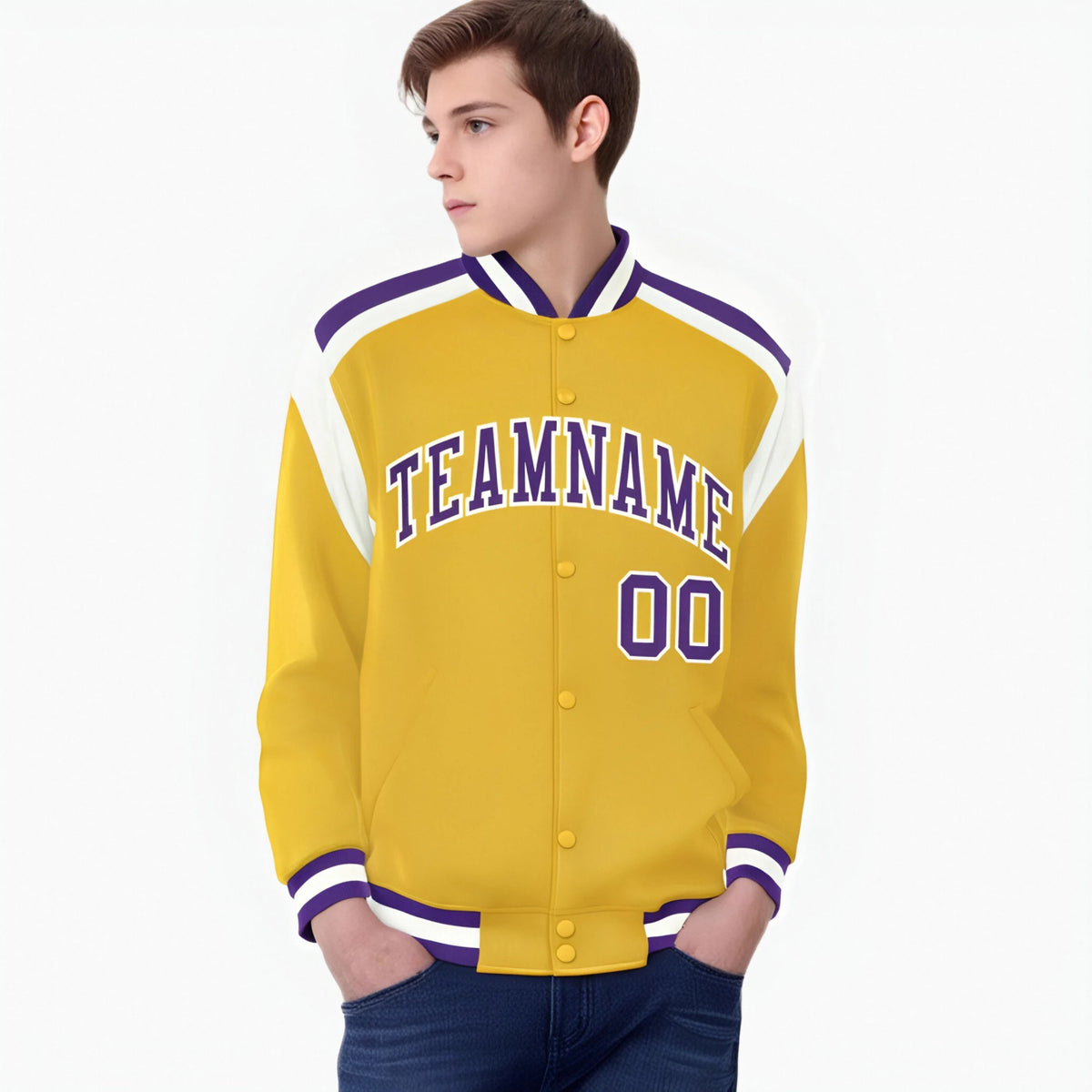 Custom Yellow Purple-White Bomber Full-Snap Varsity Letterman Shoulder Stripe Jacket