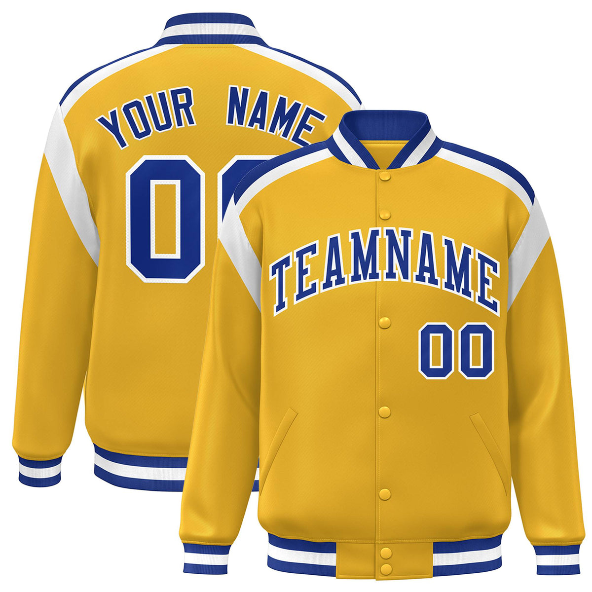 Custom Yellow Blue-White Bomber Full-Snap Varsity Letterman Shoulder Stripe Jacket