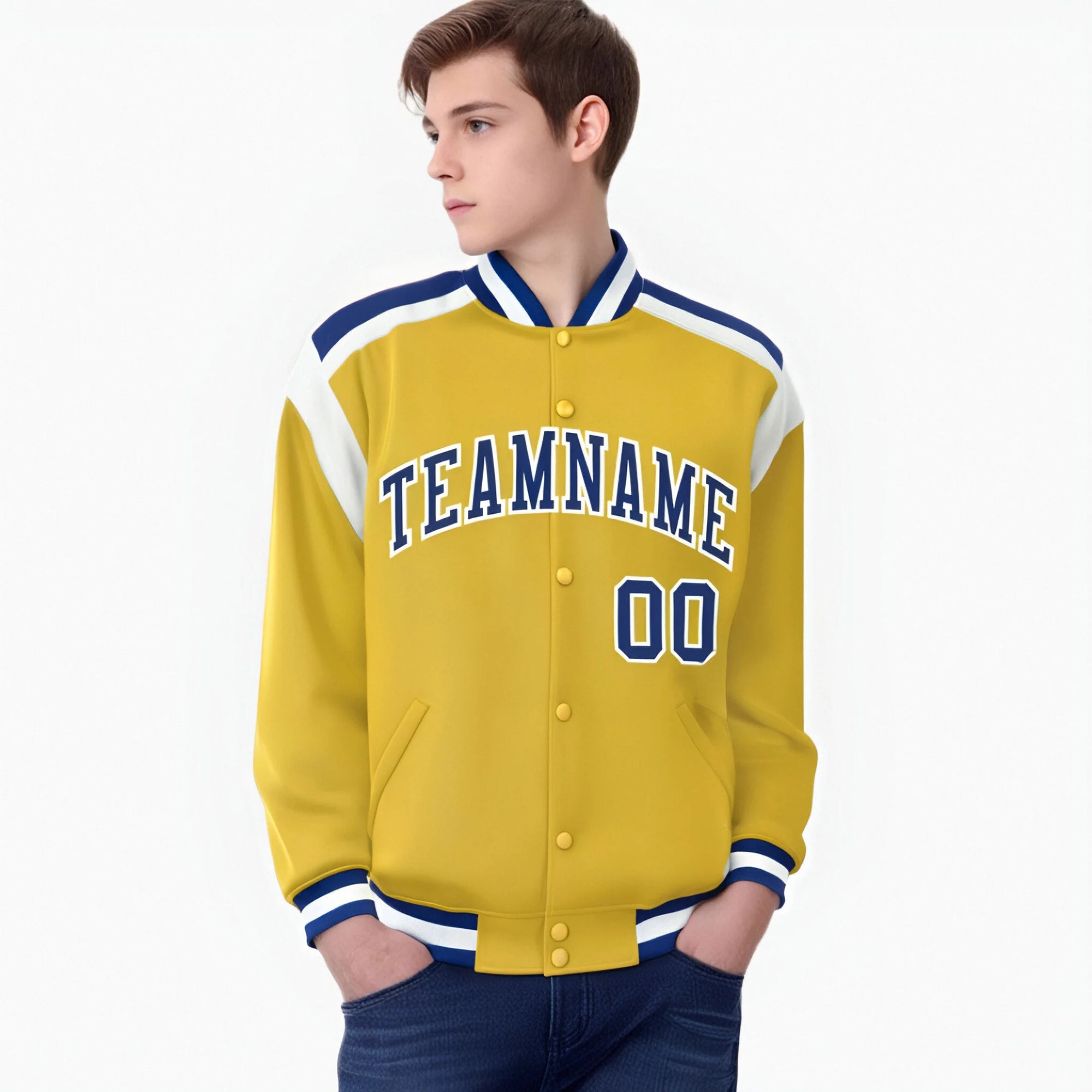 Custom Yellow Blue-White Bomber Full-Snap Varsity Letterman Shoulder Stripe Jacket