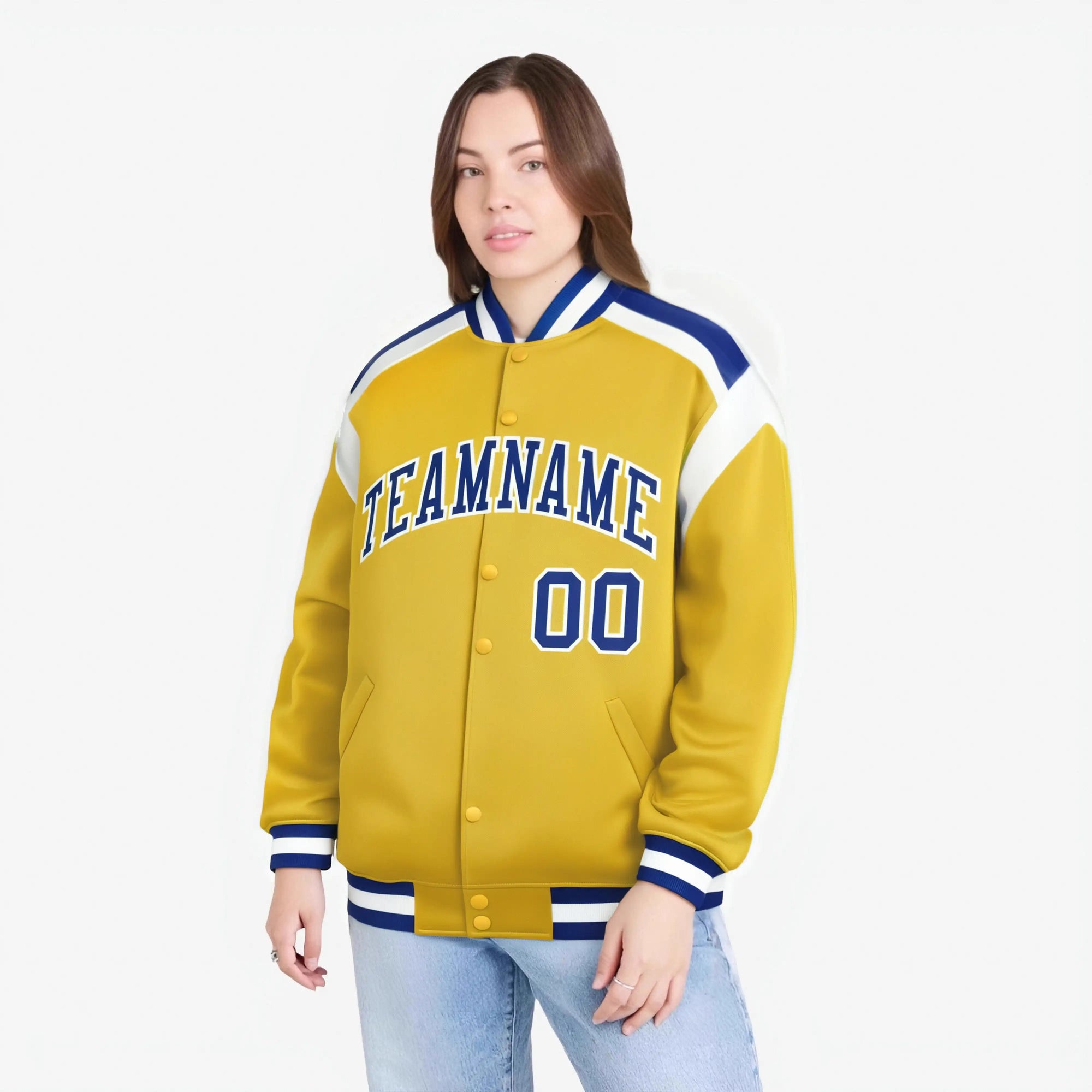 Custom Yellow Blue-White Bomber Full-Snap Varsity Letterman Shoulder Stripe Jacket