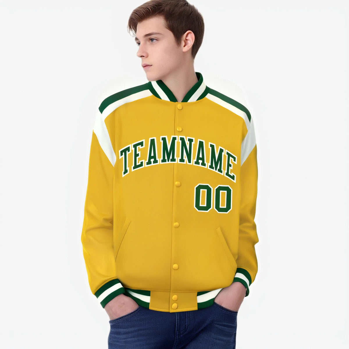 Custom Yellow Green-White Bomber Full-Snap Varsity Letterman Shoulder Stripe Jacket