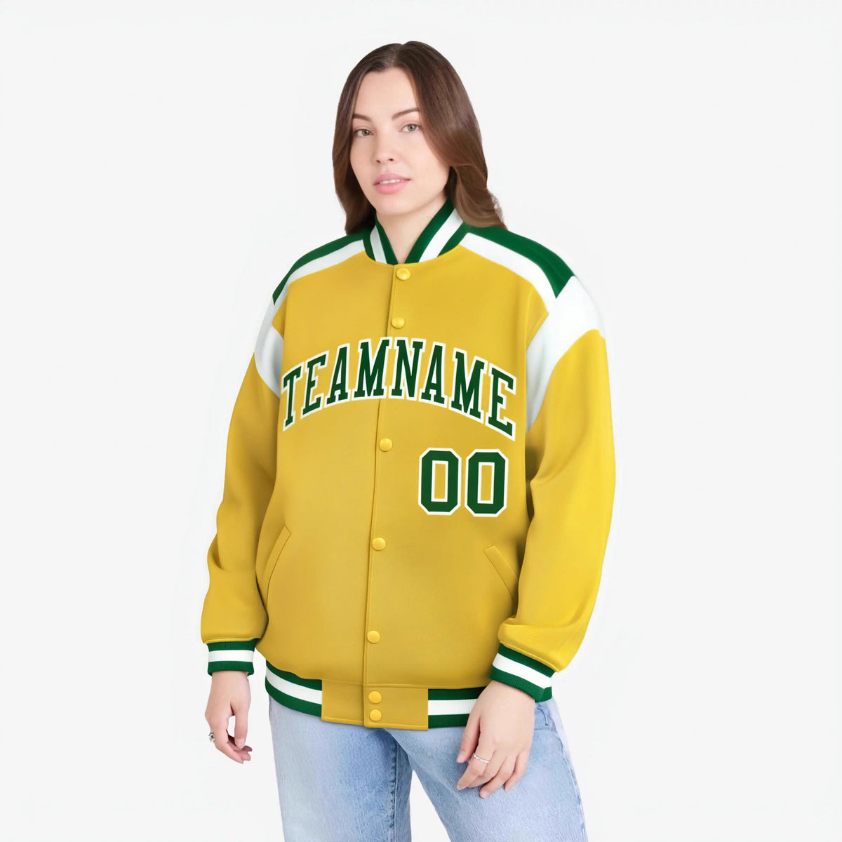 Custom Yellow Green-White Bomber Full-Snap Varsity Letterman Shoulder Stripe Jacket