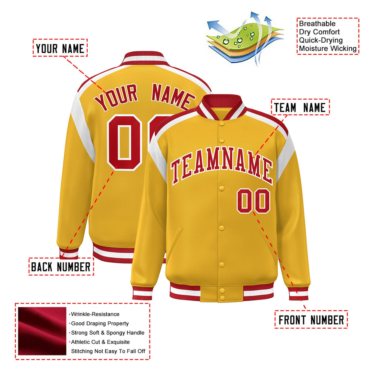 Custom Yellow Red-White Bomber Full-Snap Varsity Letterman Shoulder Stripe Jacket