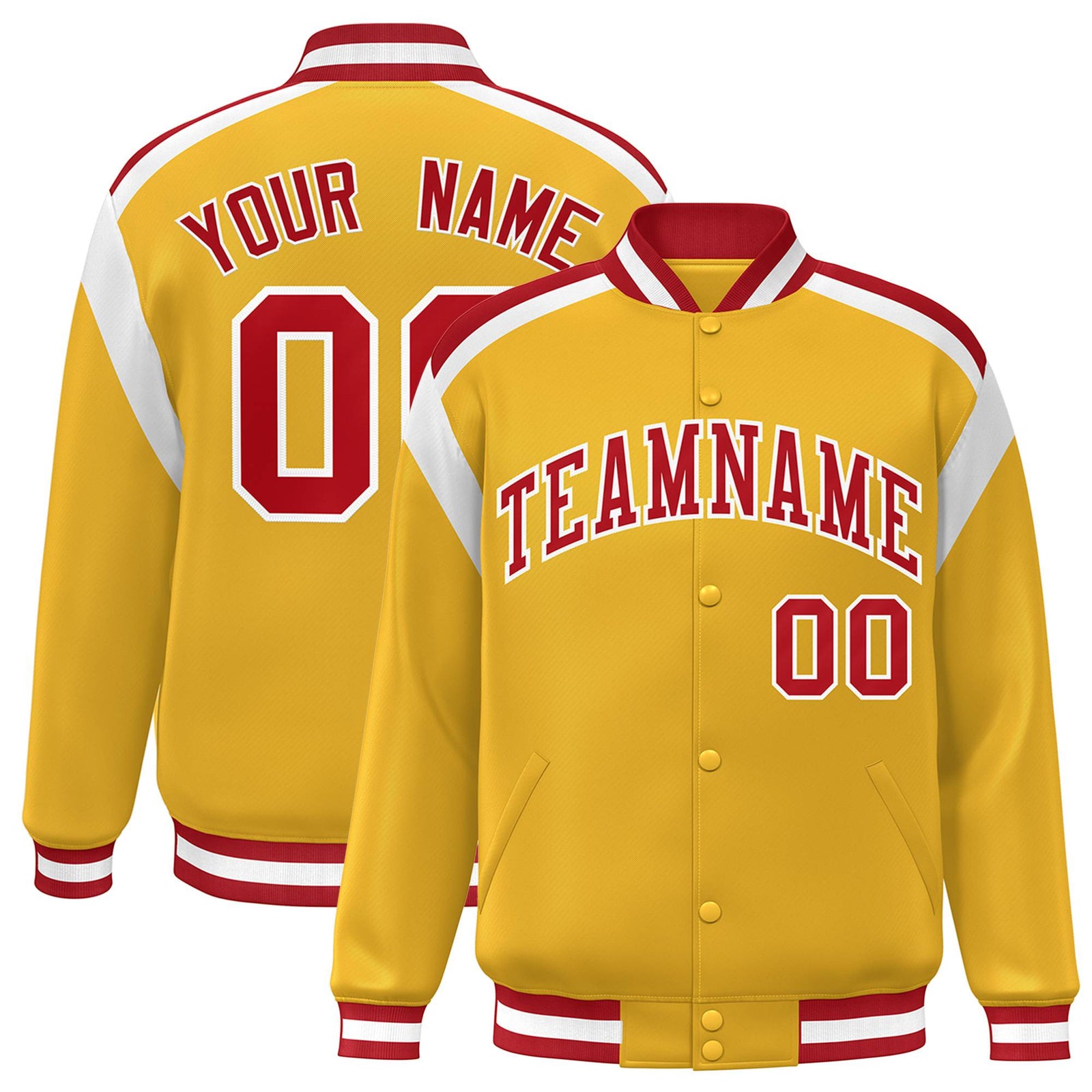 Custom Yellow Red-White Bomber Full-Snap Varsity Letterman Shoulder Stripe Jacket