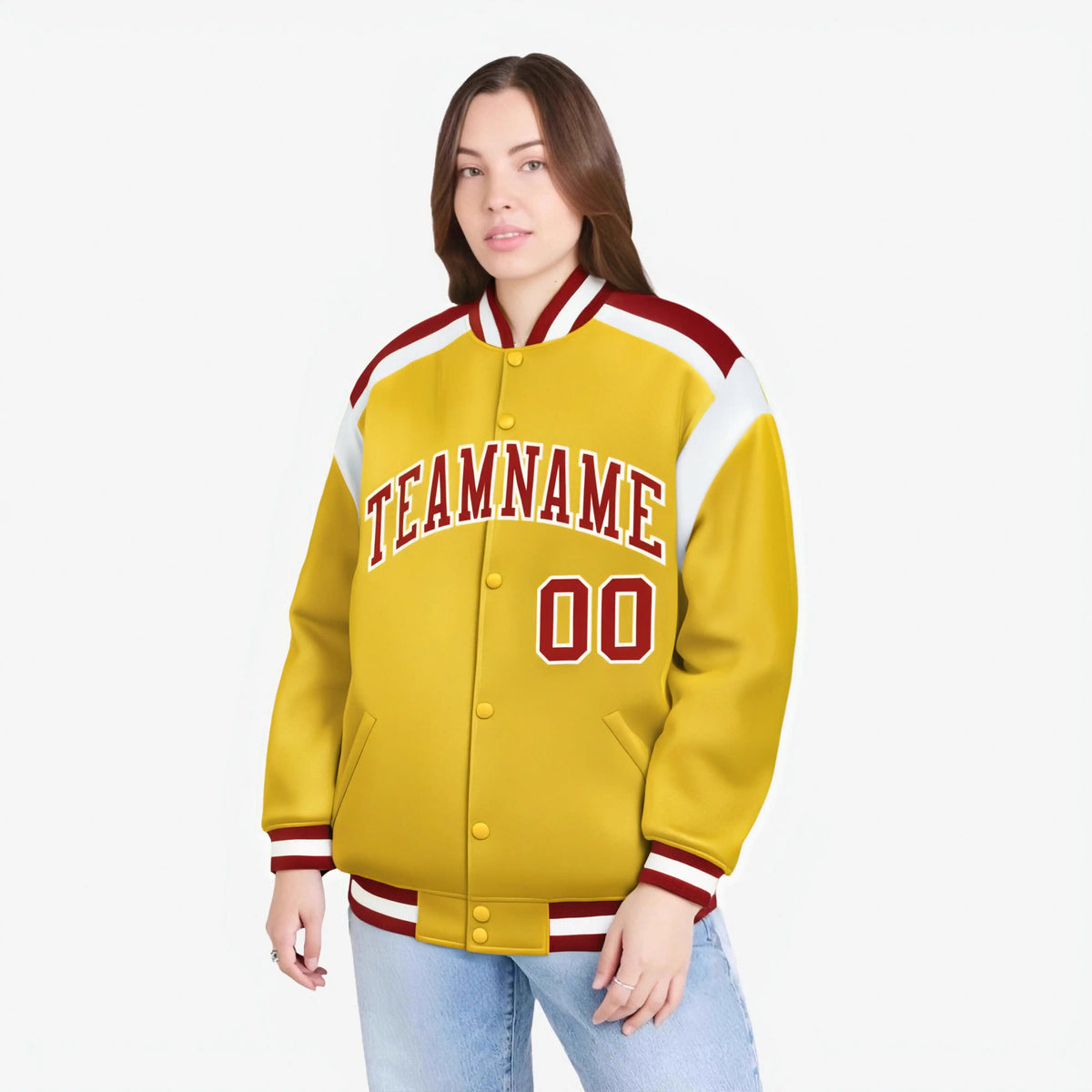 Custom Yellow Red-White Bomber Full-Snap Varsity Letterman Shoulder Stripe Jacket