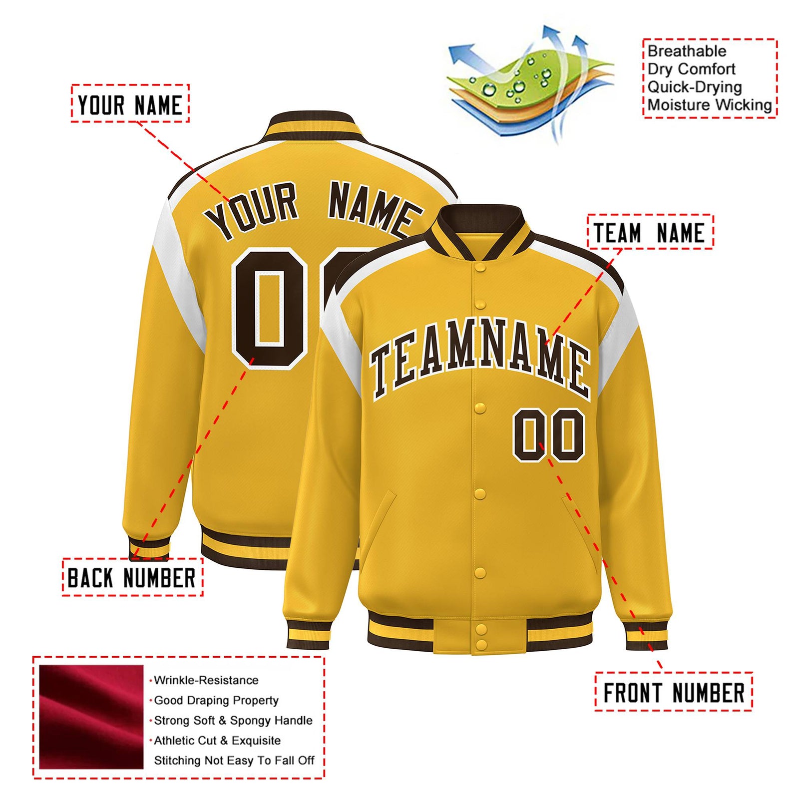 Custom Yellow Brown-White Bomber Full-Snap Varsity Letterman Shoulder Stripe Jacket