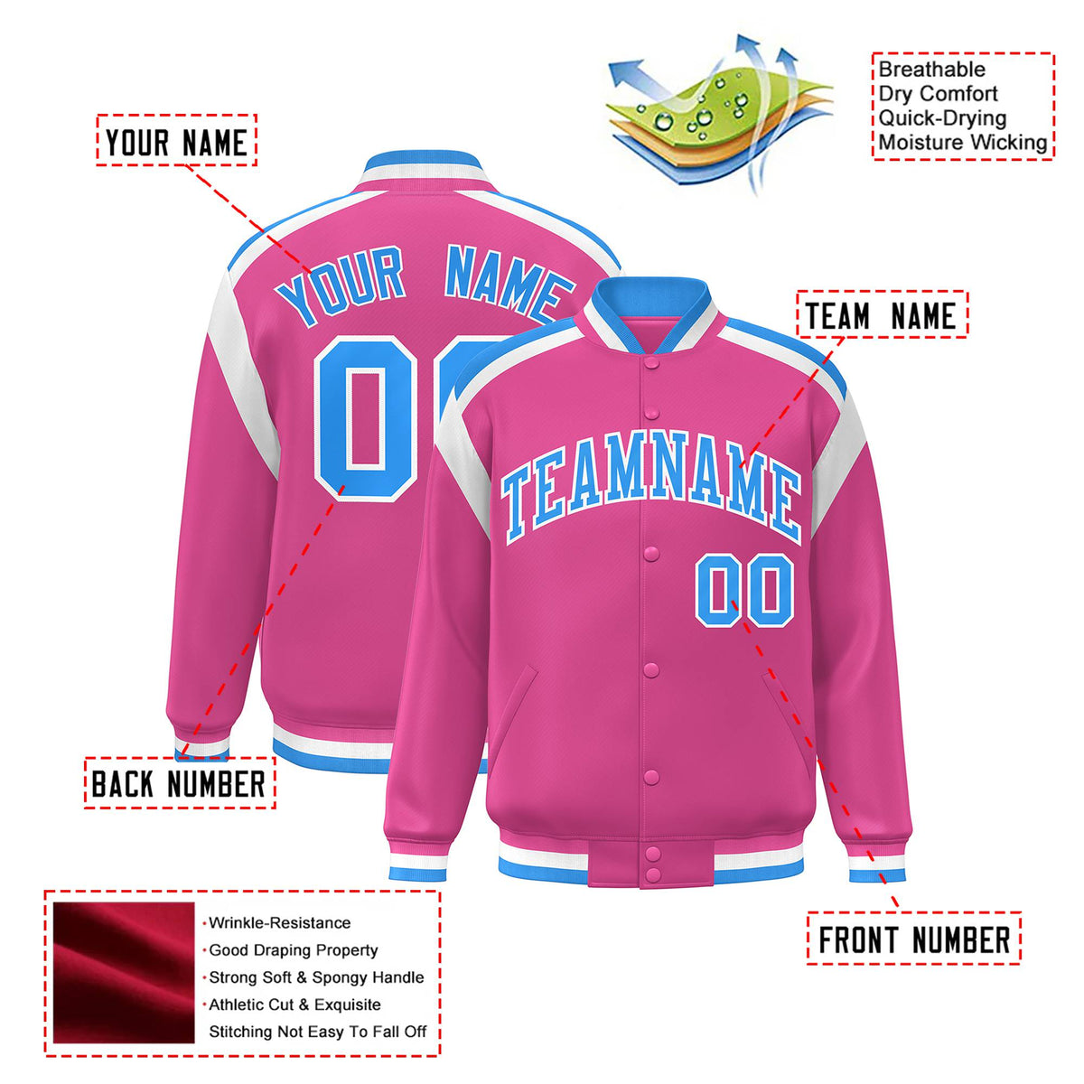 Custom Pink Light-Blue White Bomber Full-Snap Varsity Letterman Shoulder Stripe Jacket