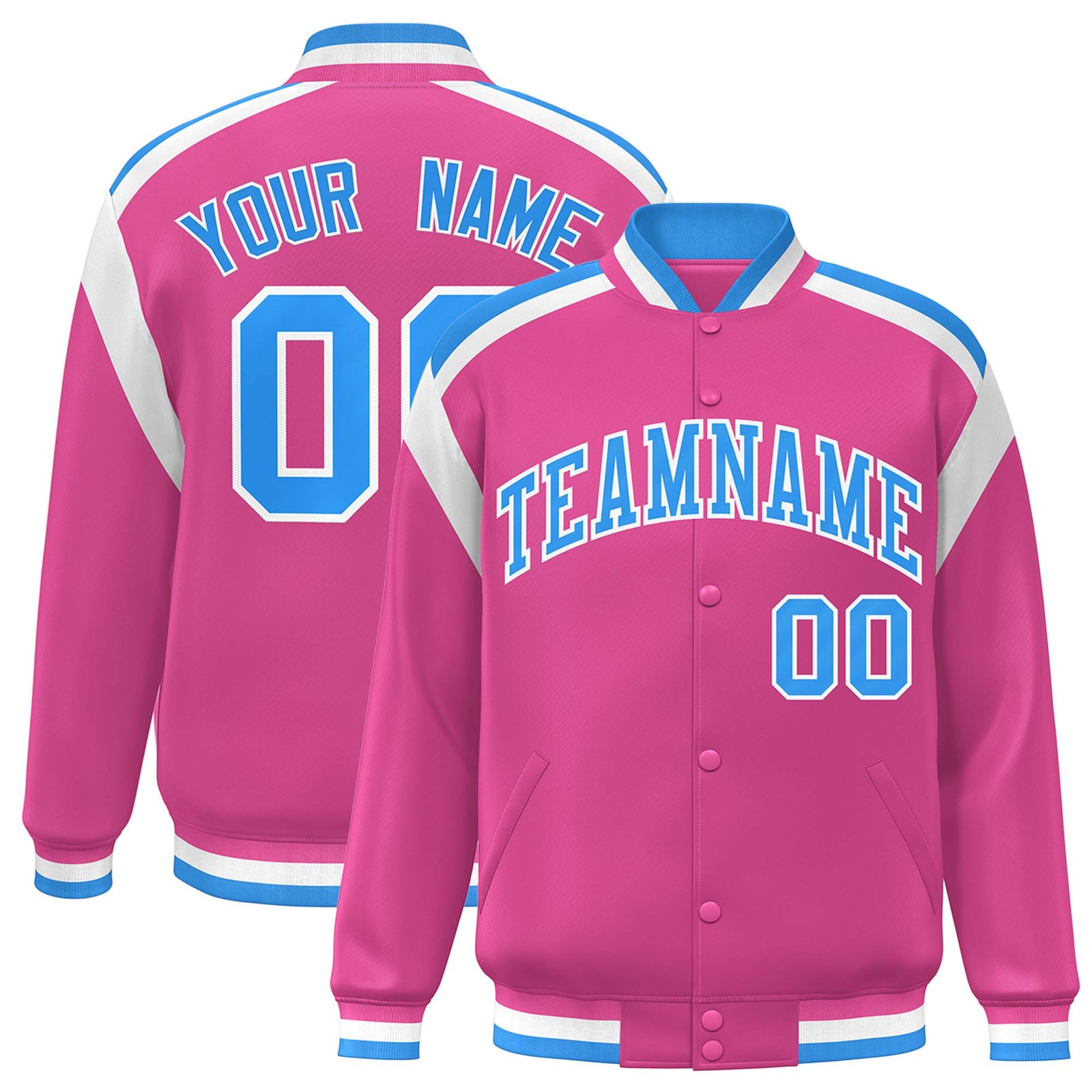 Custom Pink Light-Blue White Bomber Full-Snap Varsity Letterman Shoulder Stripe Jacket