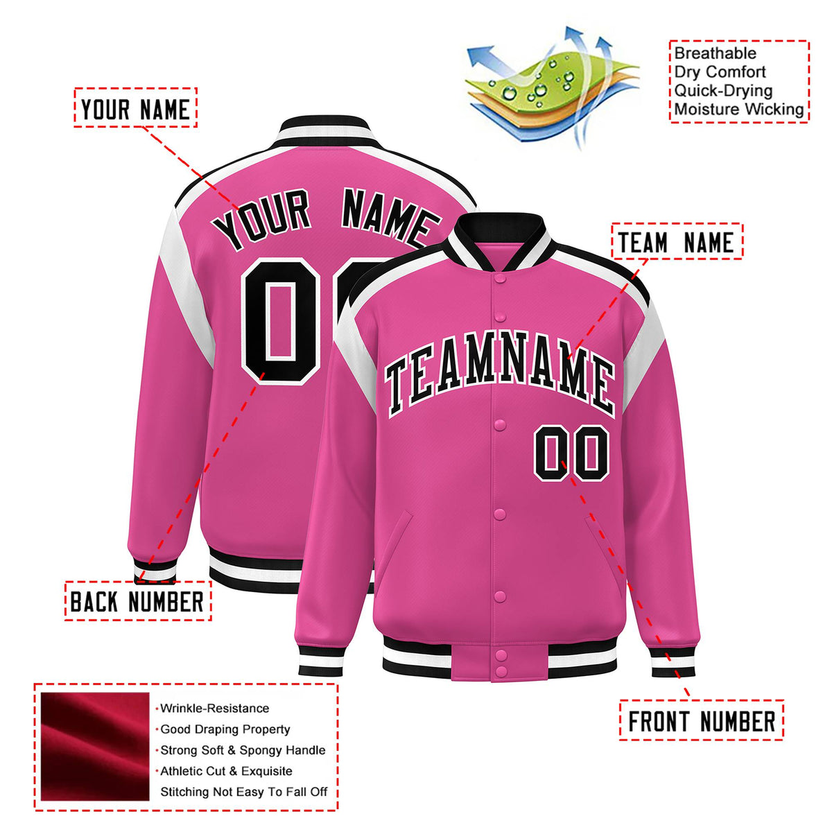 Custom Pink Black-White Bomber Full-Snap Varsity Letterman Shoulder Stripe Jacket