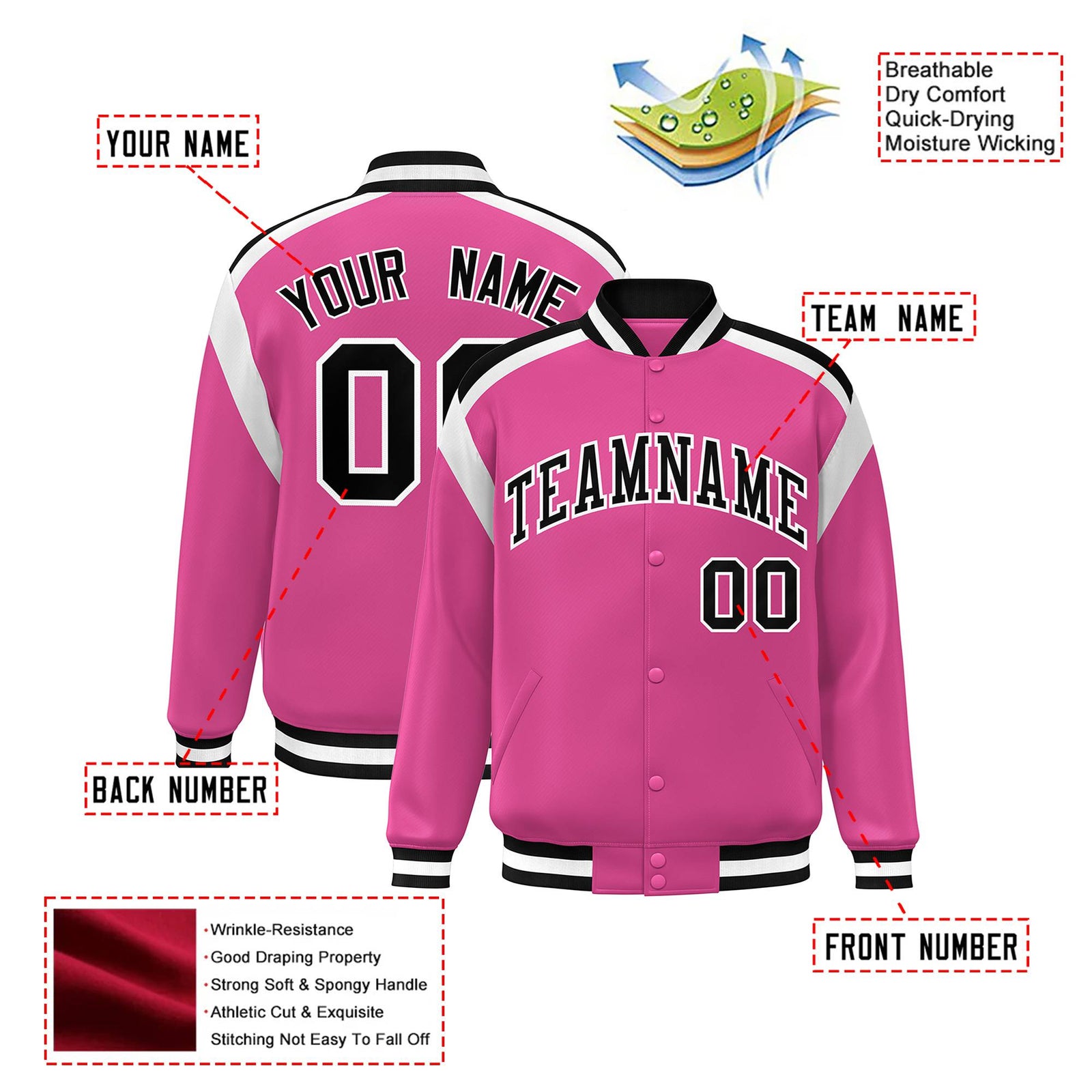 Custom Pink Black-White Bomber Full-Snap Varsity Letterman Shoulder Stripe Jacket