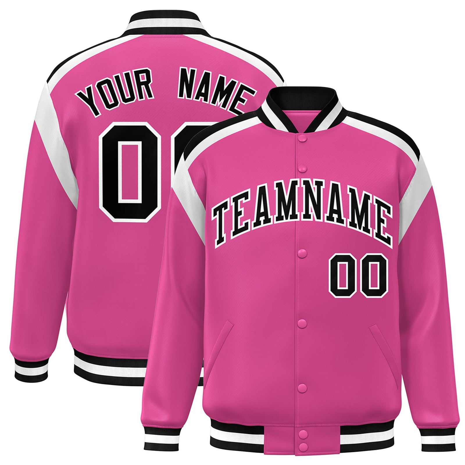 Custom Pink Black-White Bomber Full-Snap Varsity Letterman Shoulder Stripe Jacket