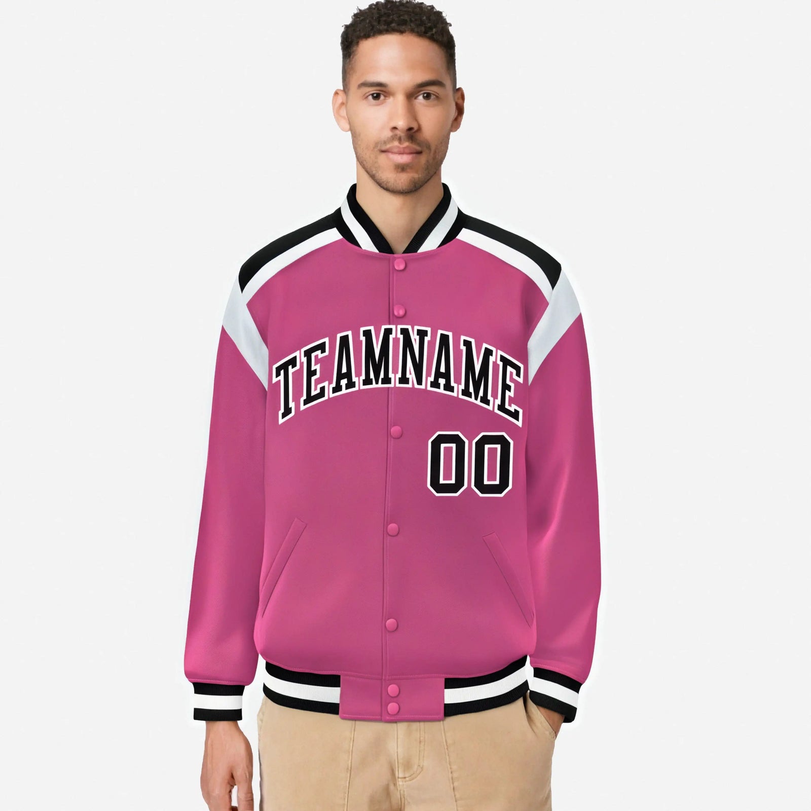 Custom Pink Black-White Bomber Full-Snap Varsity Letterman Shoulder Stripe Jacket
