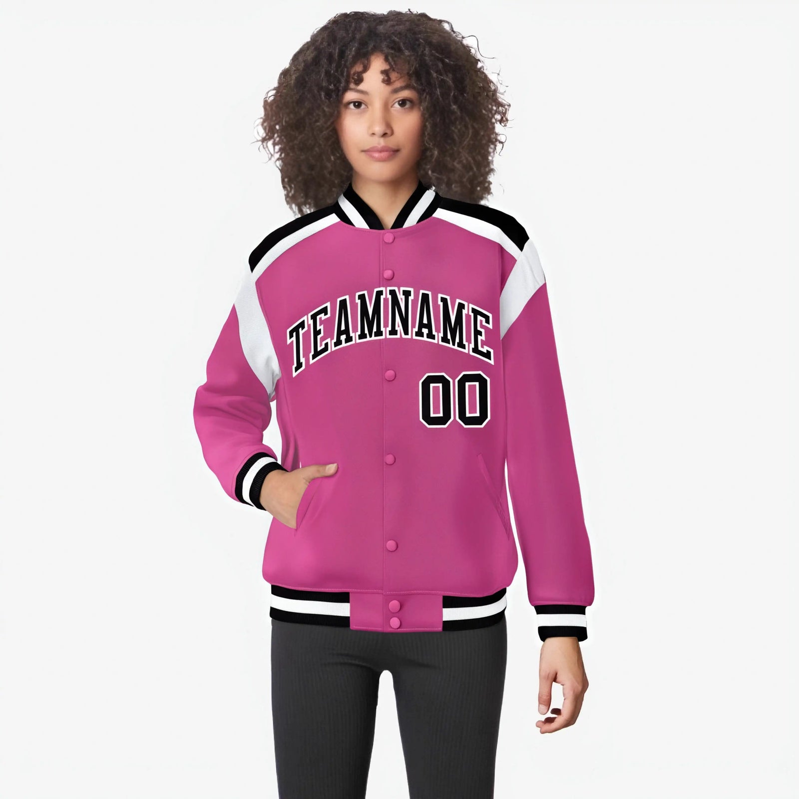 Custom Pink Black-White Bomber Full-Snap Varsity Letterman Shoulder Stripe Jacket