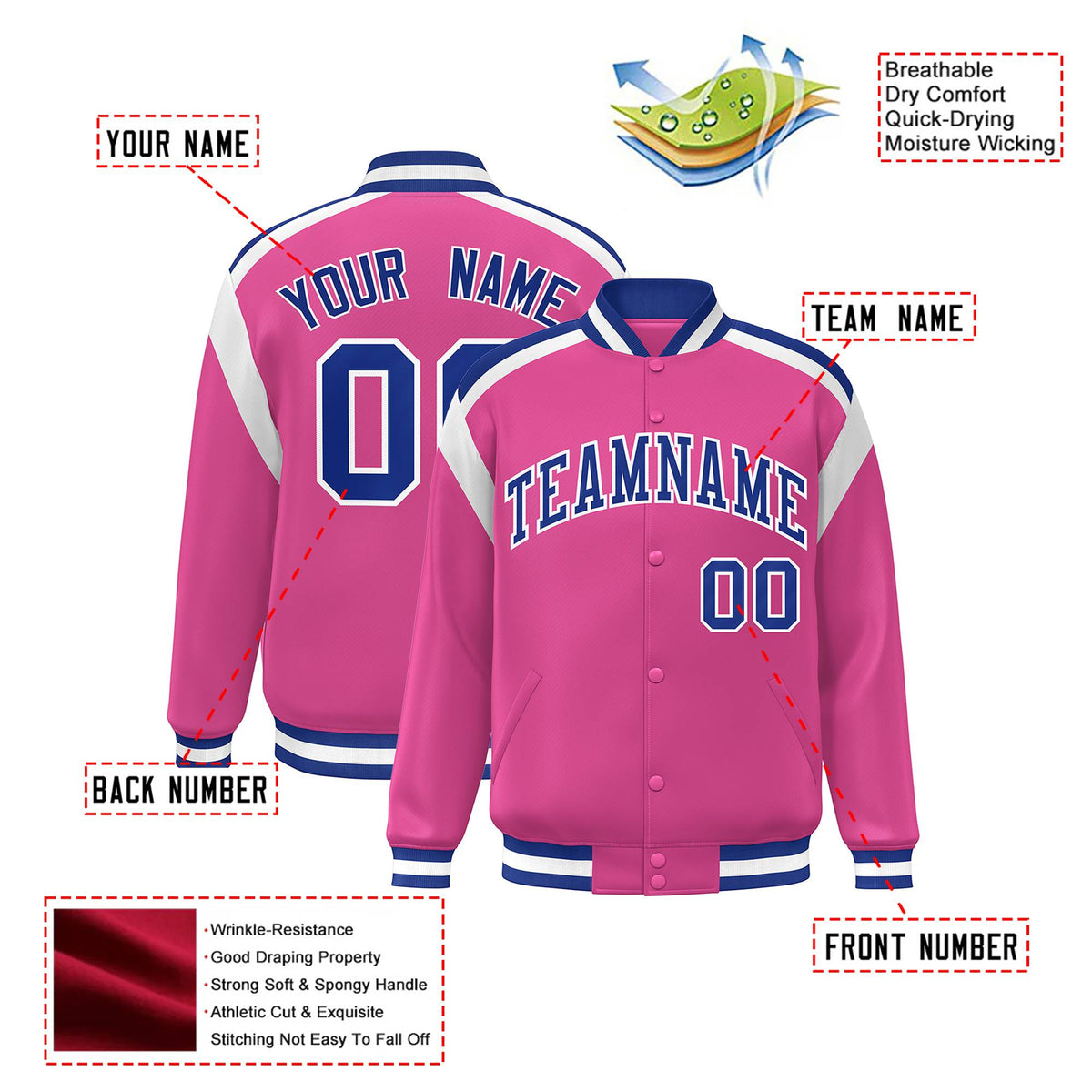 Custom Pink Blue-White Bomber Full-Snap Varsity Letterman Shoulder Stripe Jacket