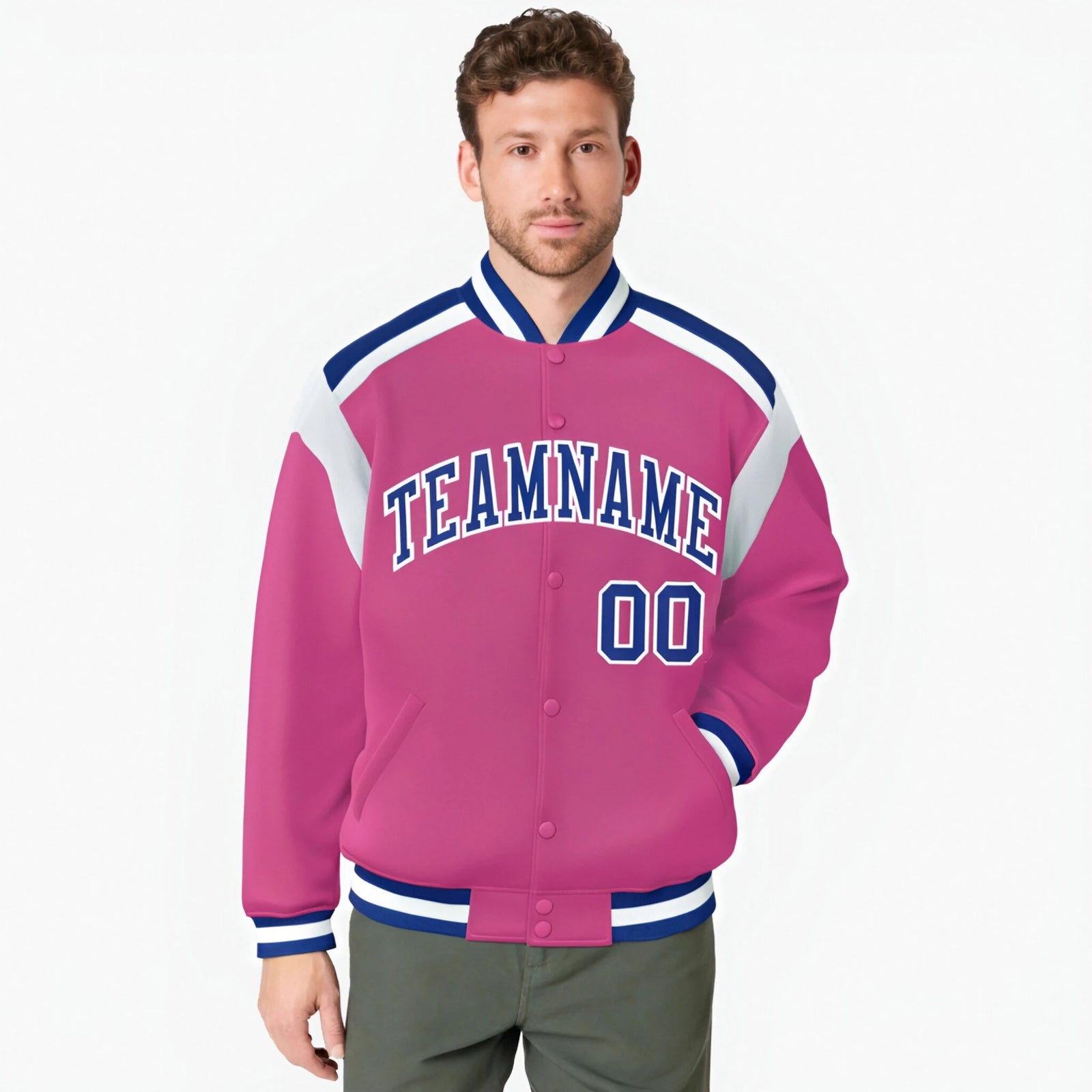 Custom Pink Blue-White Bomber Full-Snap Varsity Letterman Shoulder Stripe Jacket