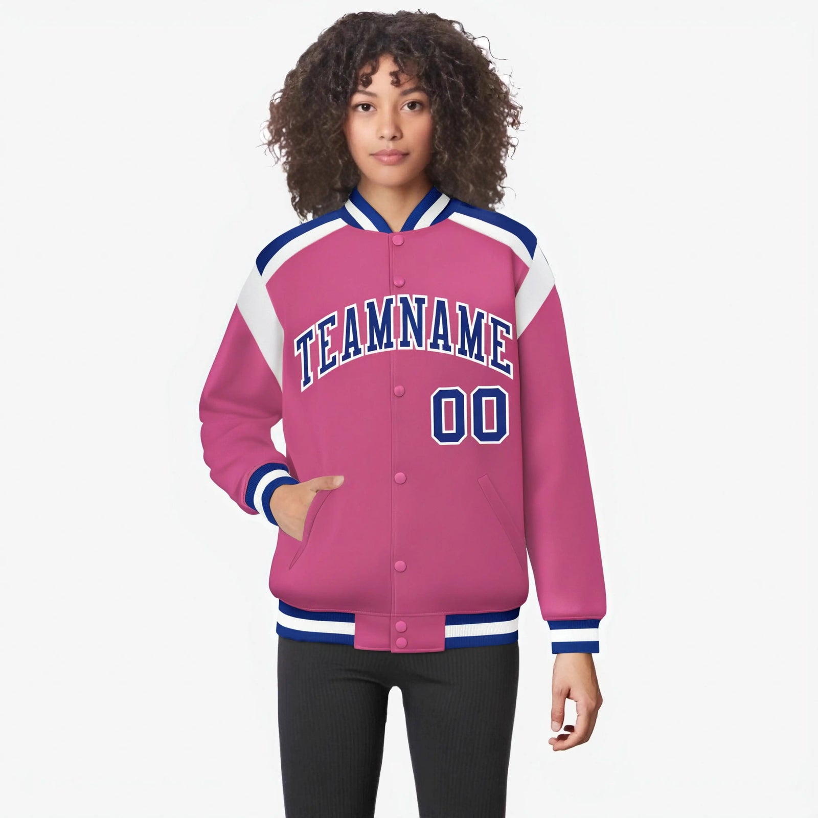 Custom Pink Blue-White Bomber Full-Snap Varsity Letterman Shoulder Stripe Jacket