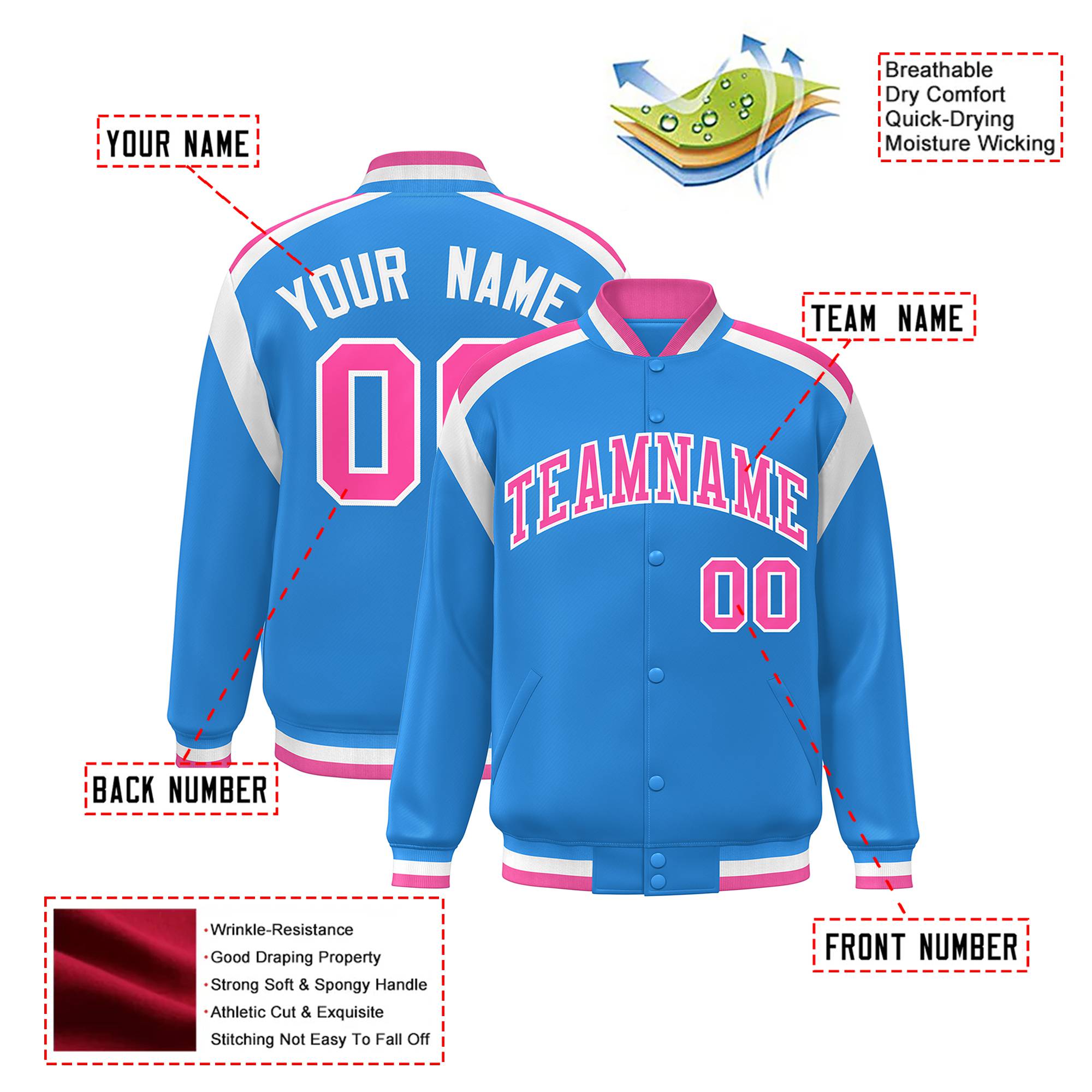 Custom Light Blue Pink-White Bomber Full-Snap Varsity Letterman Shoulder Stripe Jacket