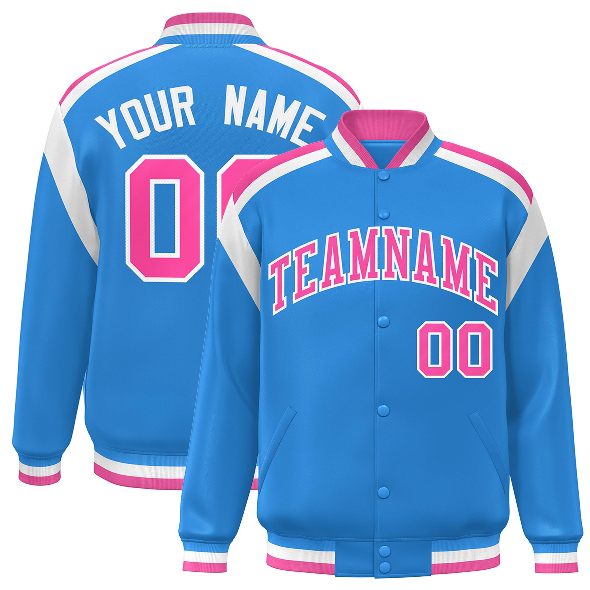 Custom Light Blue Pink-White Bomber Full-Snap Varsity Letterman Shoulder Stripe Jacket