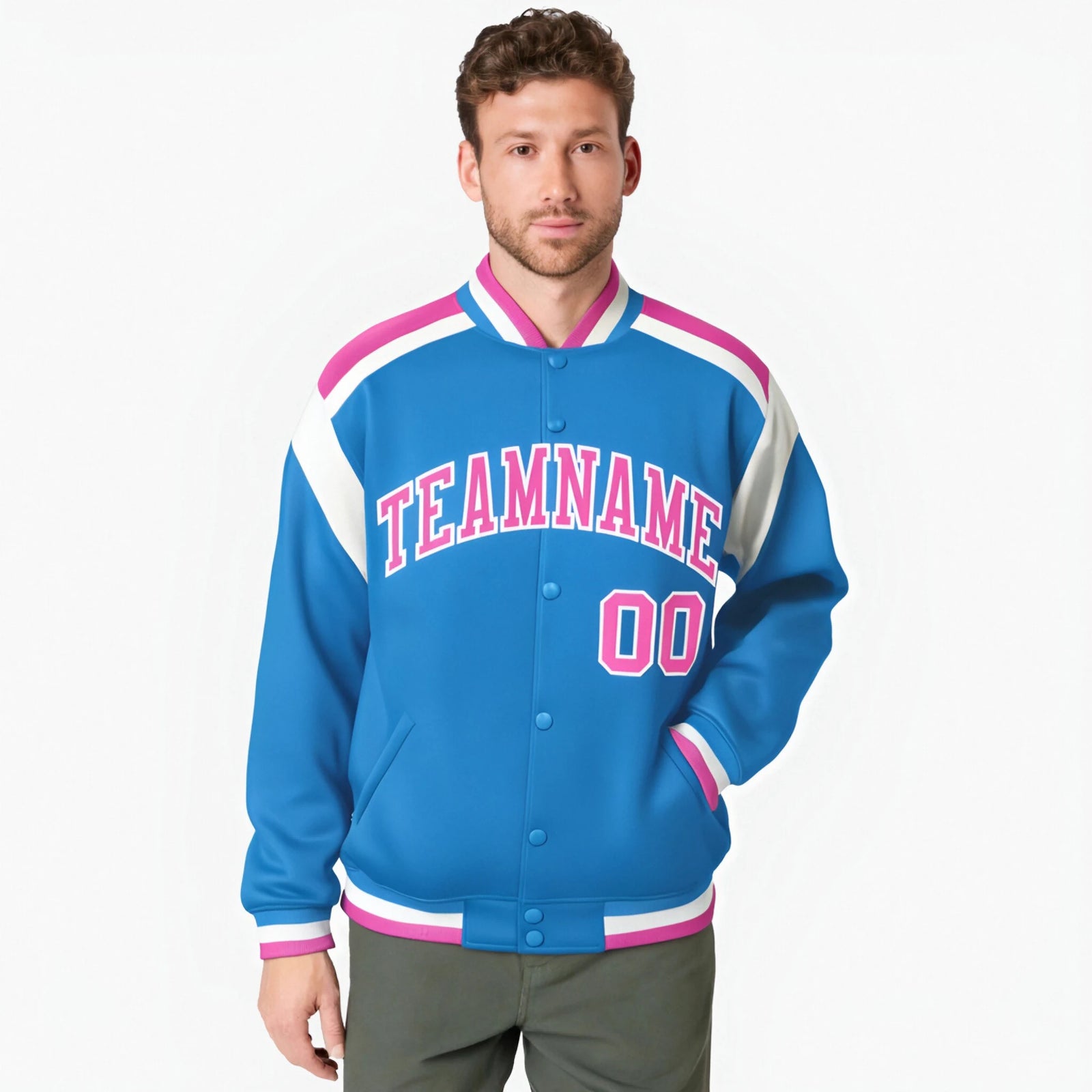 Custom Light Blue Pink-White Bomber Full-Snap Varsity Letterman Shoulder Stripe Jacket