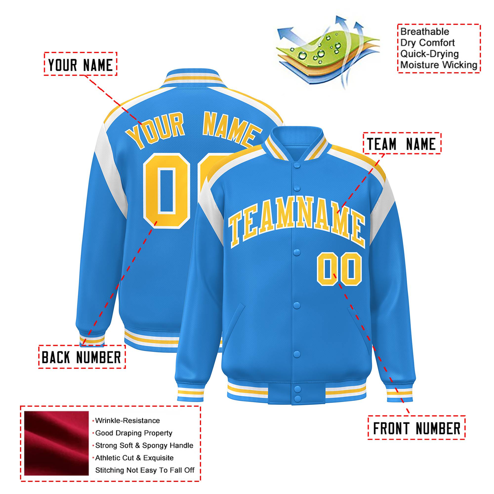 Custom Light Blue Yellow-White Bomber Full-Snap Varsity Letterman Shoulder Stripe Jacket