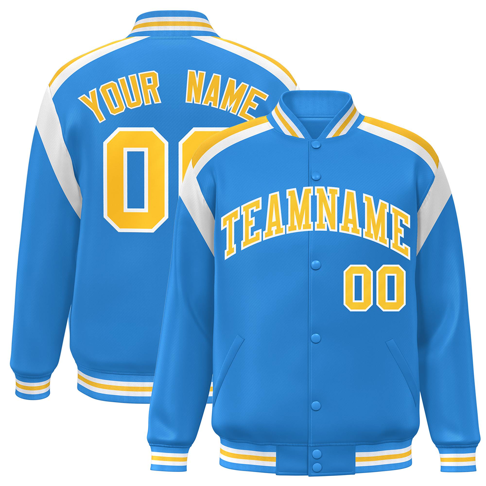 Custom Light Blue Yellow-White Bomber Full-Snap Varsity Letterman Shoulder Stripe Jacket