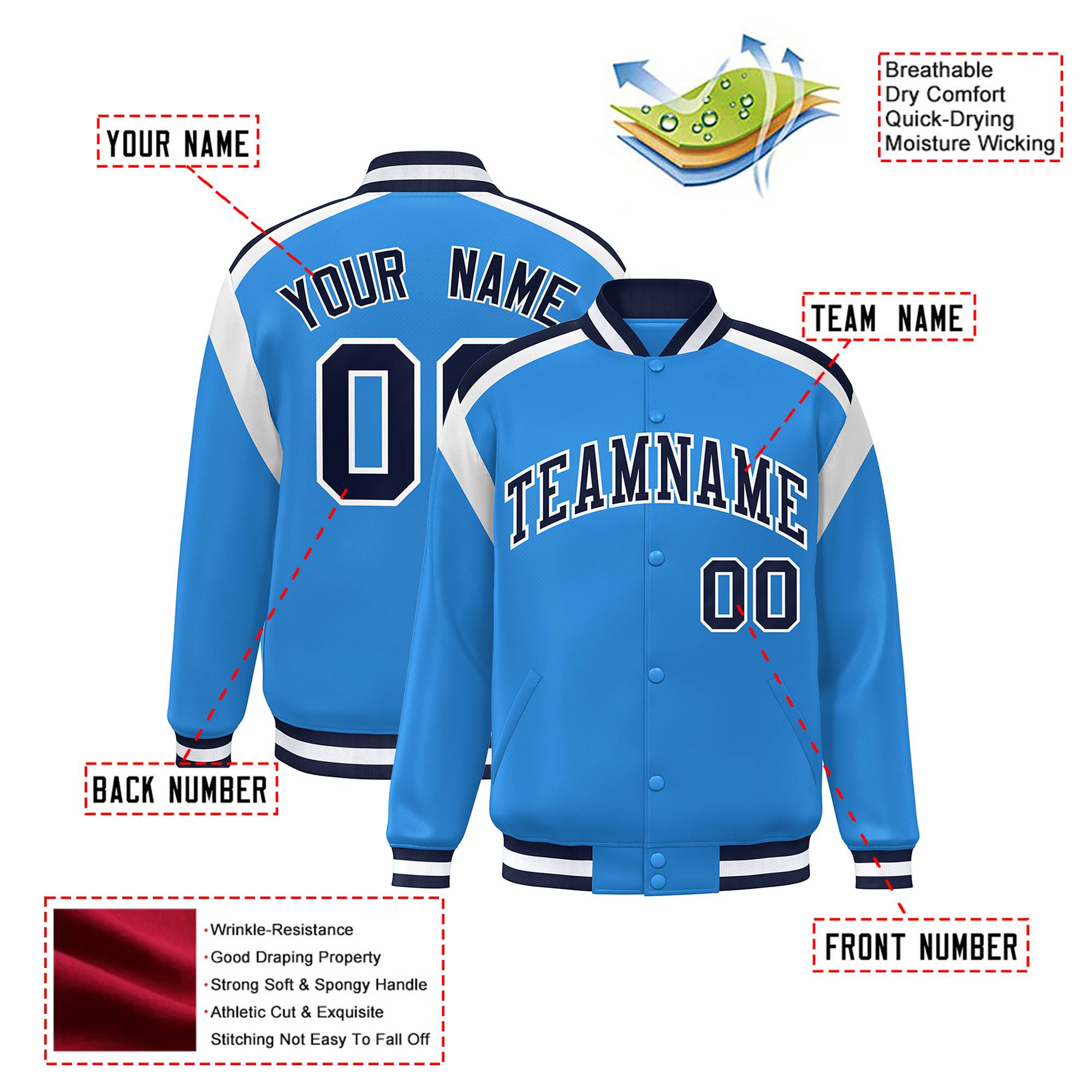 Custom Light Blue Navy-White Bomber Full-Snap Varsity Letterman Shoulder Stripe Jacket