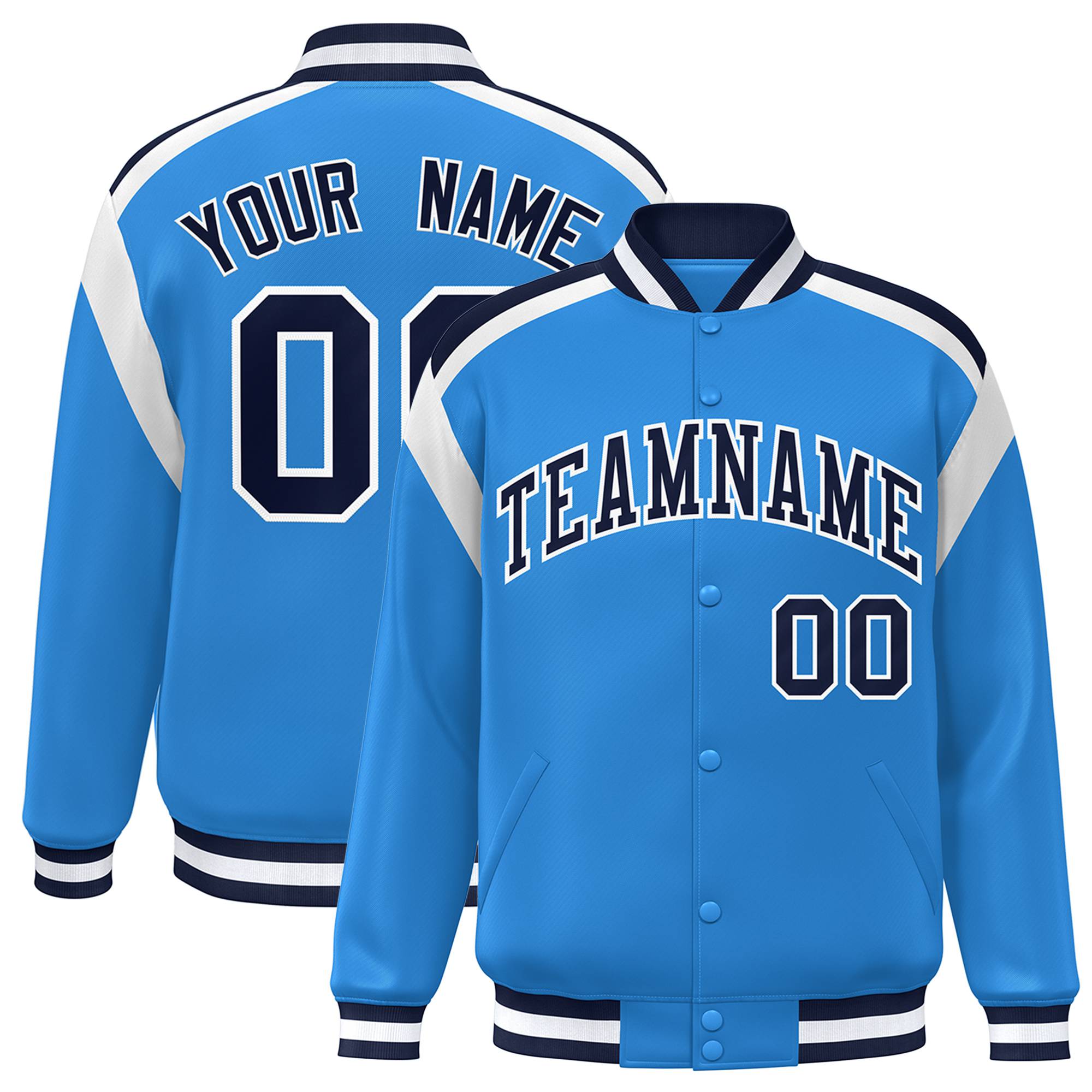 Custom Light Blue Navy-White Bomber Full-Snap Varsity Letterman Shoulder Stripe Jacket