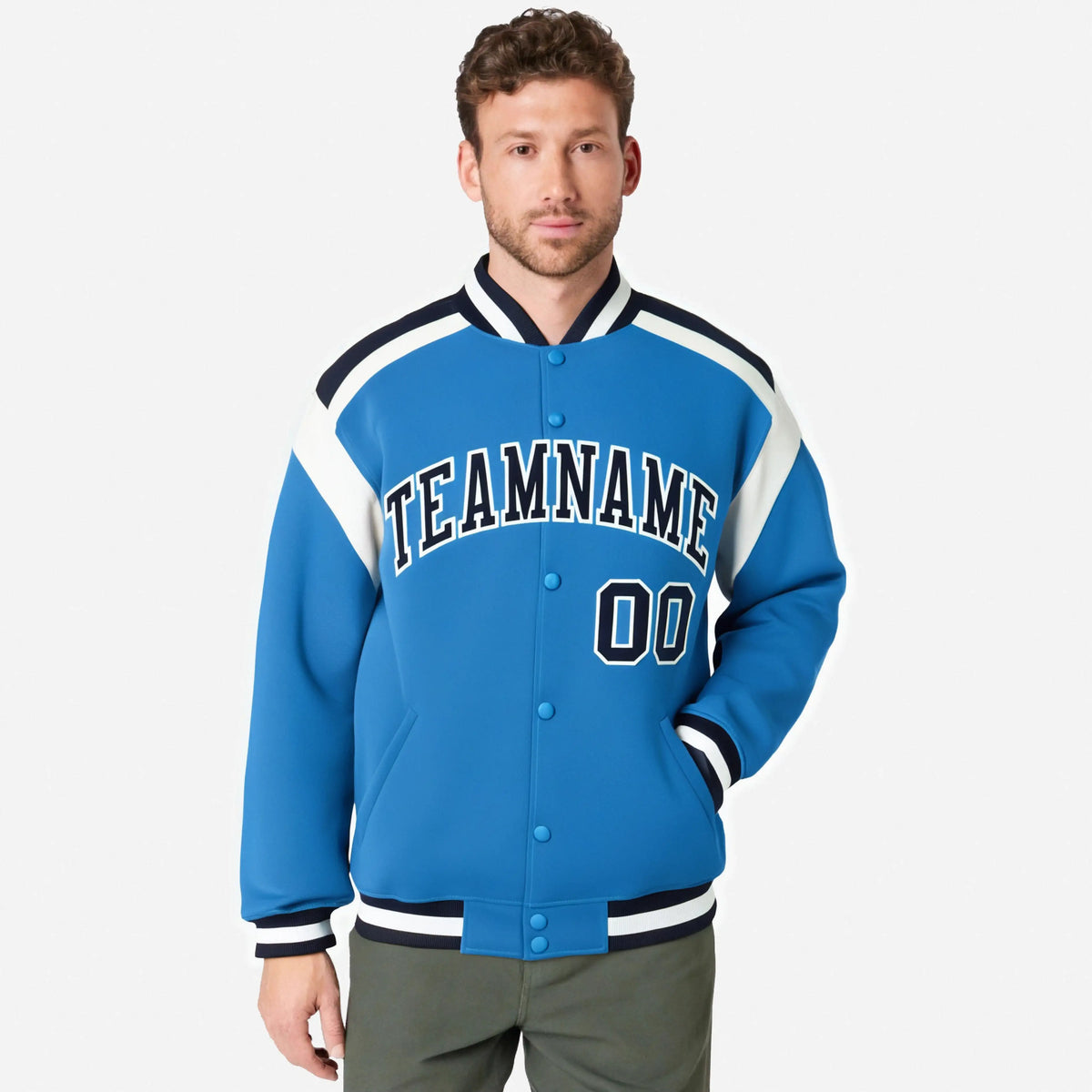 Custom Light Blue Navy-White Bomber Full-Snap Varsity Letterman Shoulder Stripe Jacket