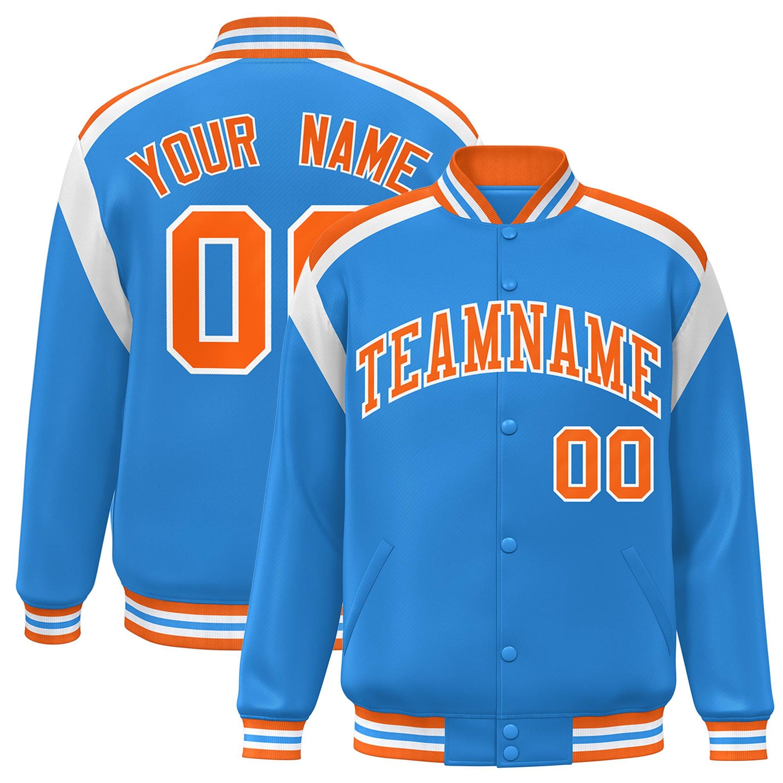 Custom Light Blue Orange-White Bomber Full-Snap Varsity Letterman Shoulder Stripe Jacket