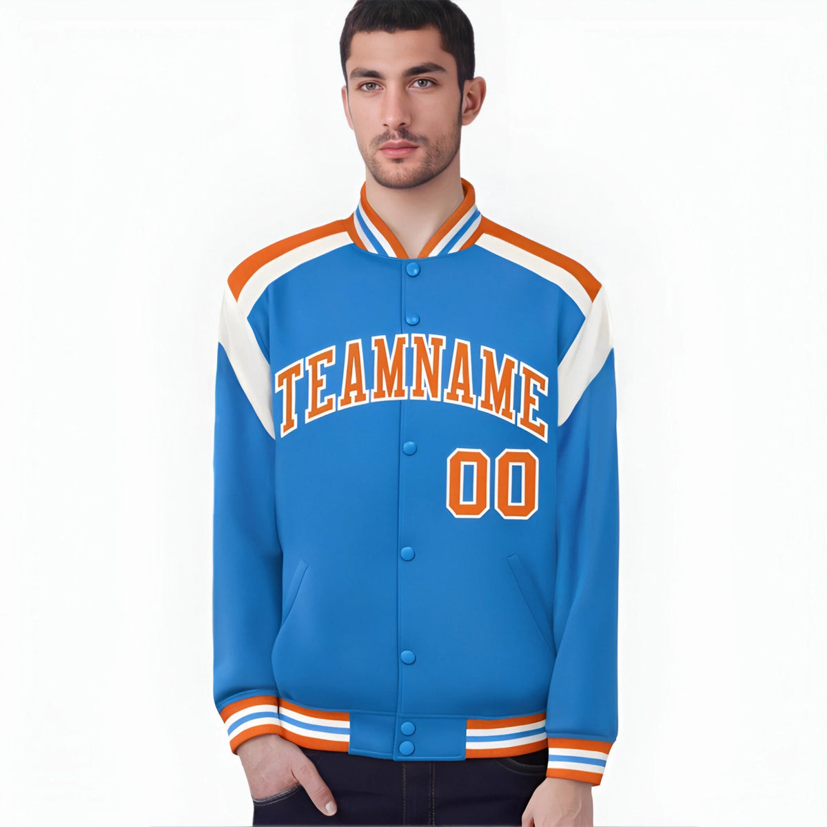 Custom Light Blue Orange-White Bomber Full-Snap Varsity Letterman Shoulder Stripe Jacket