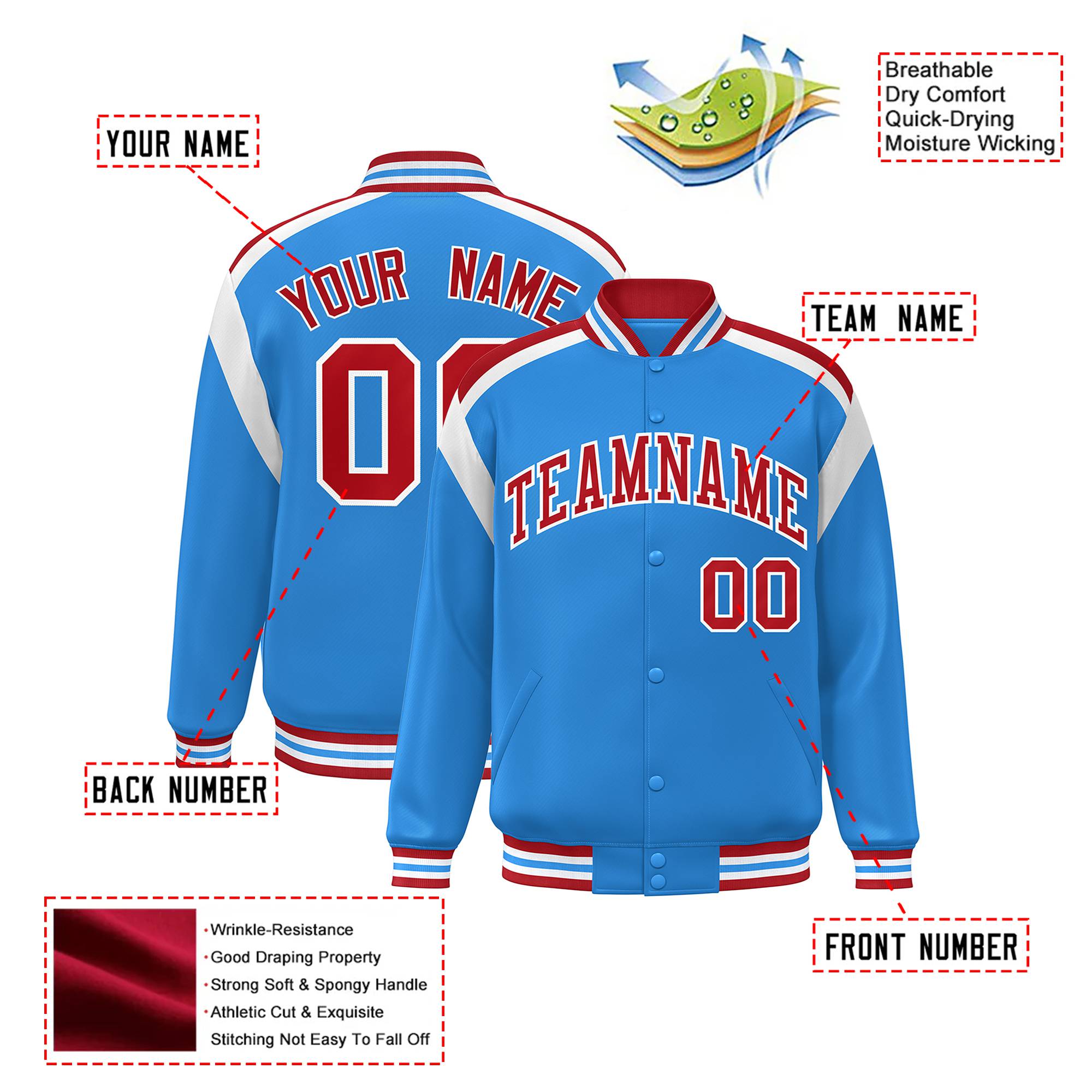 Custom Light Blue Red-White Bomber Full-Snap Varsity Letterman Shoulder Stripe Jacket