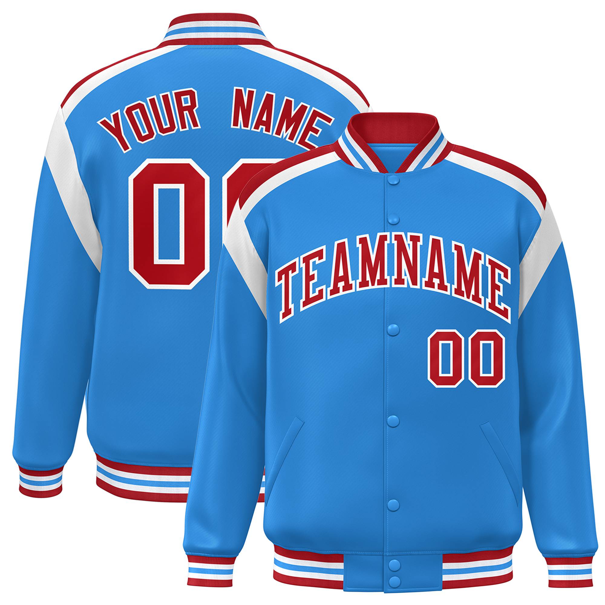 Custom Light Blue Red-White Bomber Full-Snap Varsity Letterman Shoulder Stripe Jacket