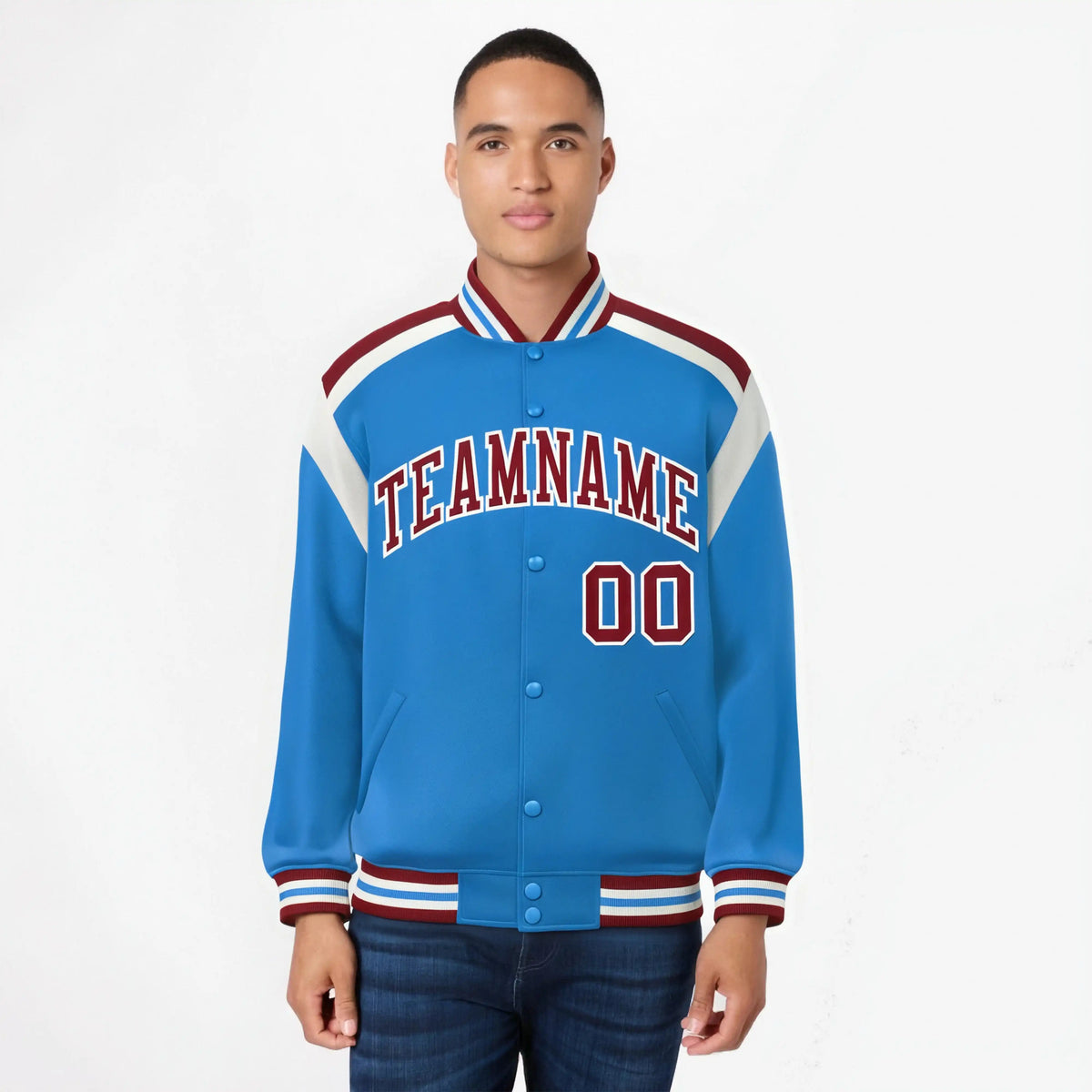 Custom Light Blue Red-White Bomber Full-Snap Varsity Letterman Shoulder Stripe Jacket