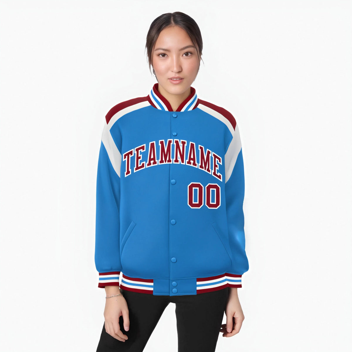 Custom Light Blue Red-White Bomber Full-Snap Varsity Letterman Shoulder Stripe Jacket