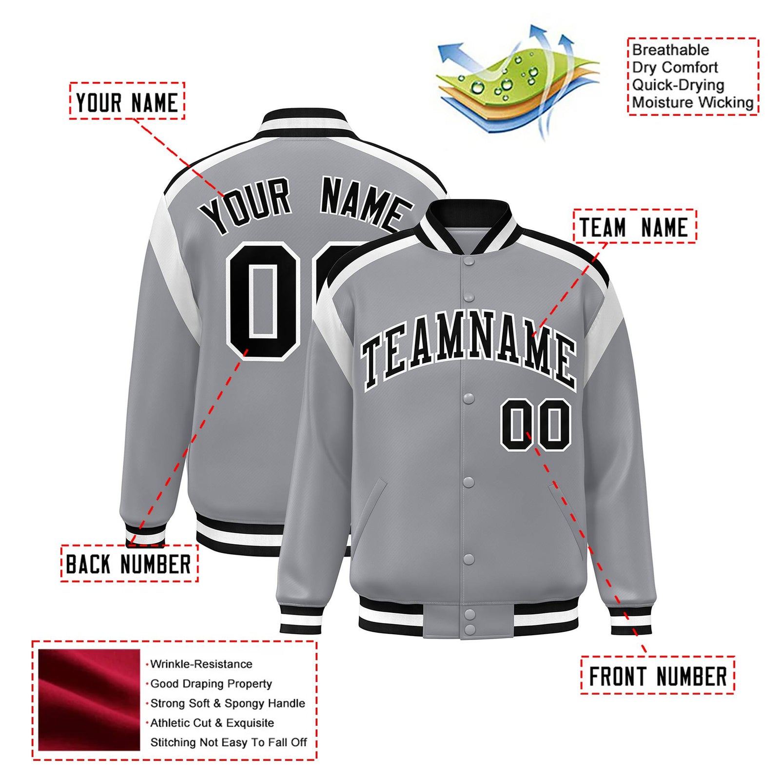 Custom Gray Black-White Bomber Full-Snap Varsity Letterman Shoulder Stripe Jacket