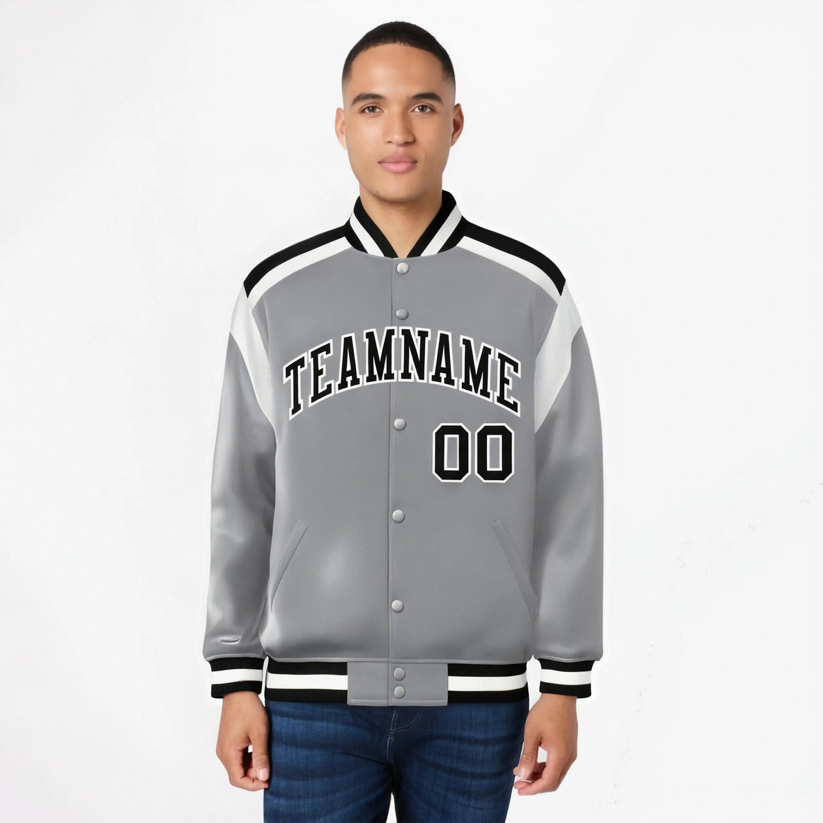 Custom Gray Black-White Bomber Full-Snap Varsity Letterman Shoulder Stripe Jacket
