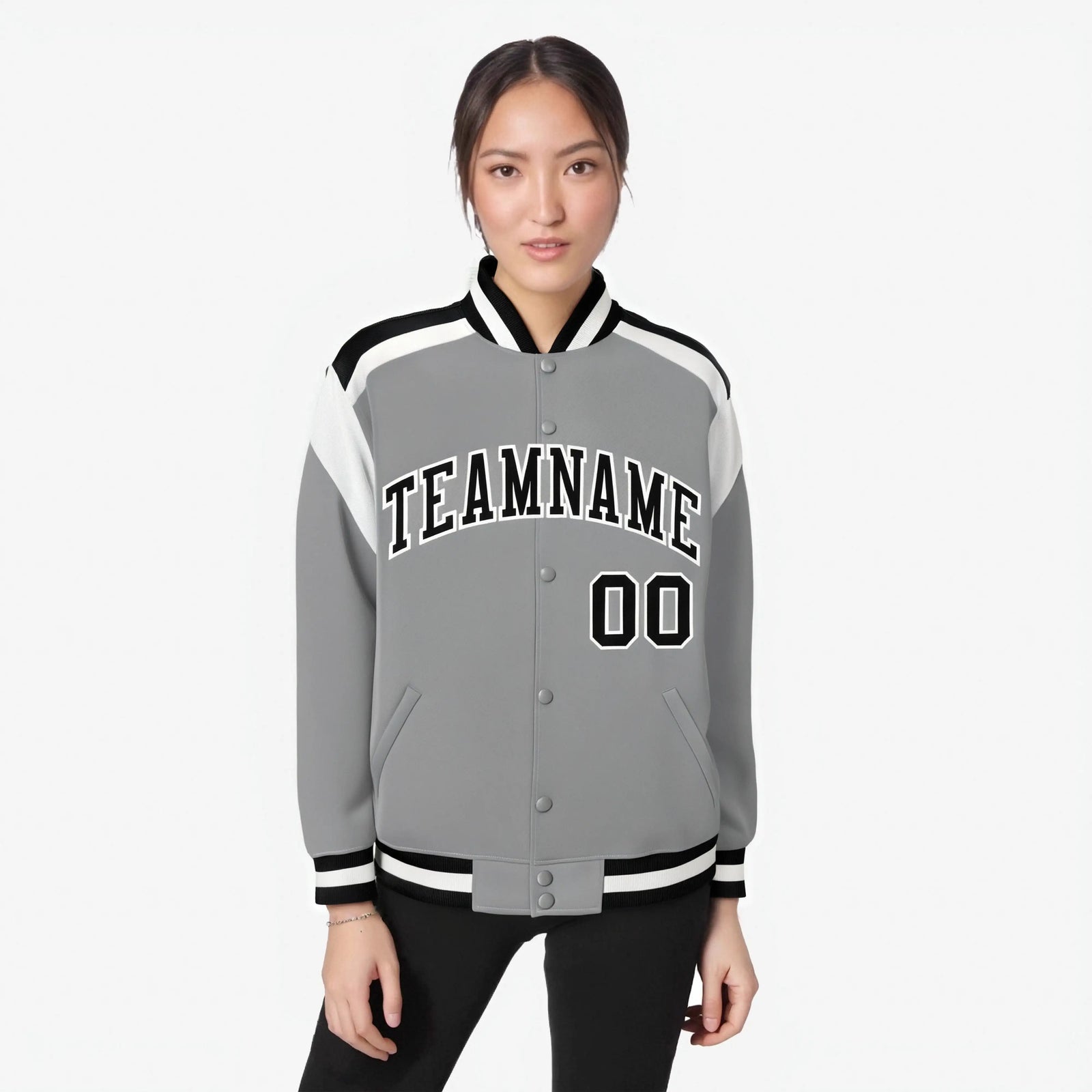Custom Gray Black-White Bomber Full-Snap Varsity Letterman Shoulder Stripe Jacket