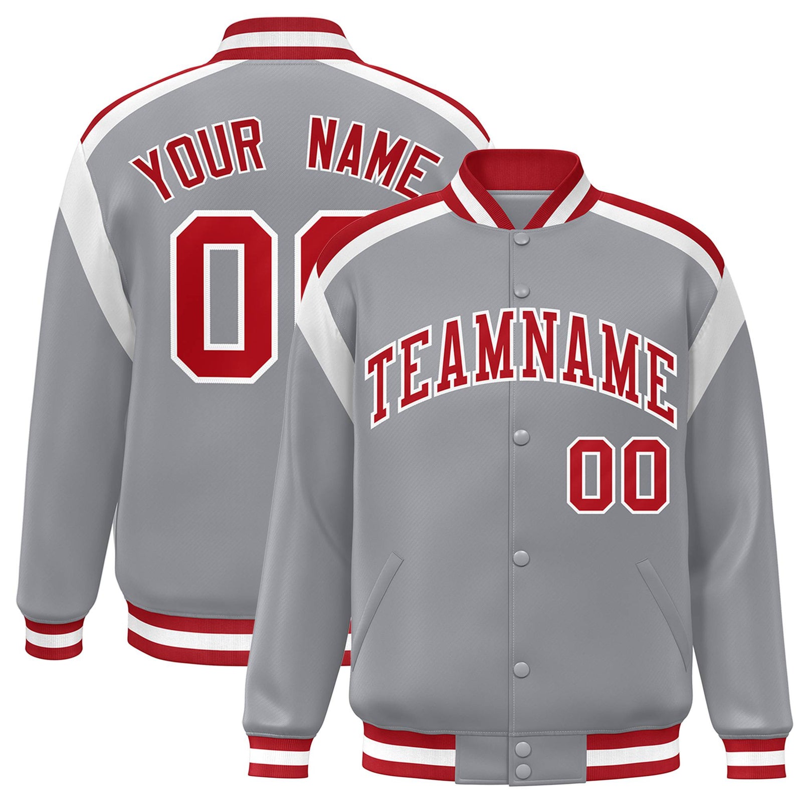 Custom Gray Red-White Bomber Full-Snap Varsity Letterman Shoulder Stripe Jacket