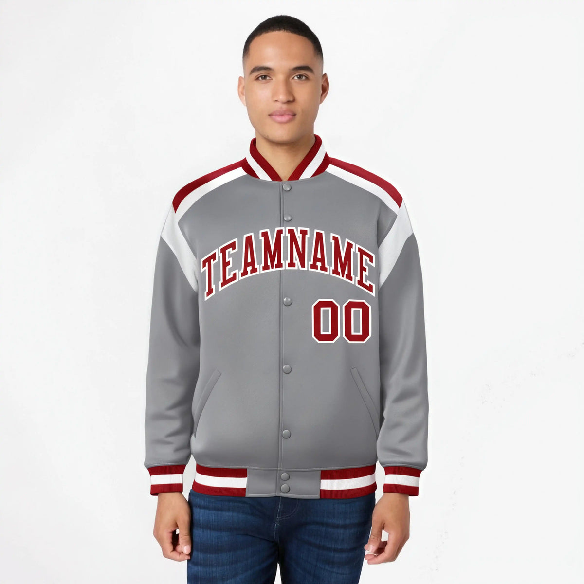 Custom Gray Red-White Bomber Full-Snap Varsity Letterman Shoulder Stripe Jacket
