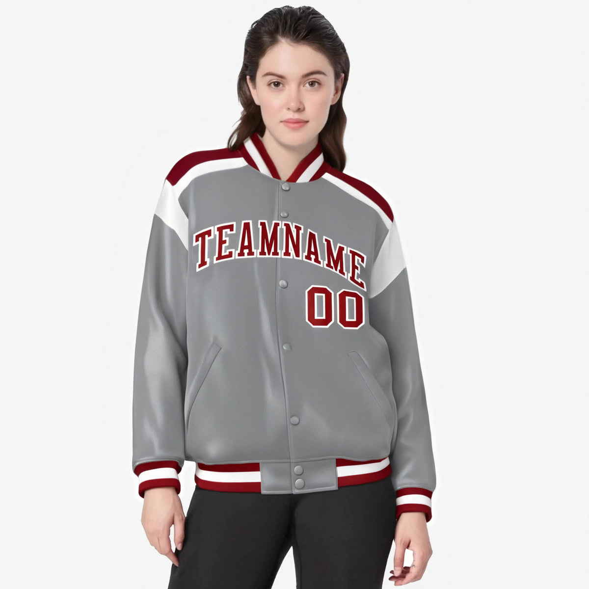 Custom Gray Red-White Bomber Full-Snap Varsity Letterman Shoulder Stripe Jacket
