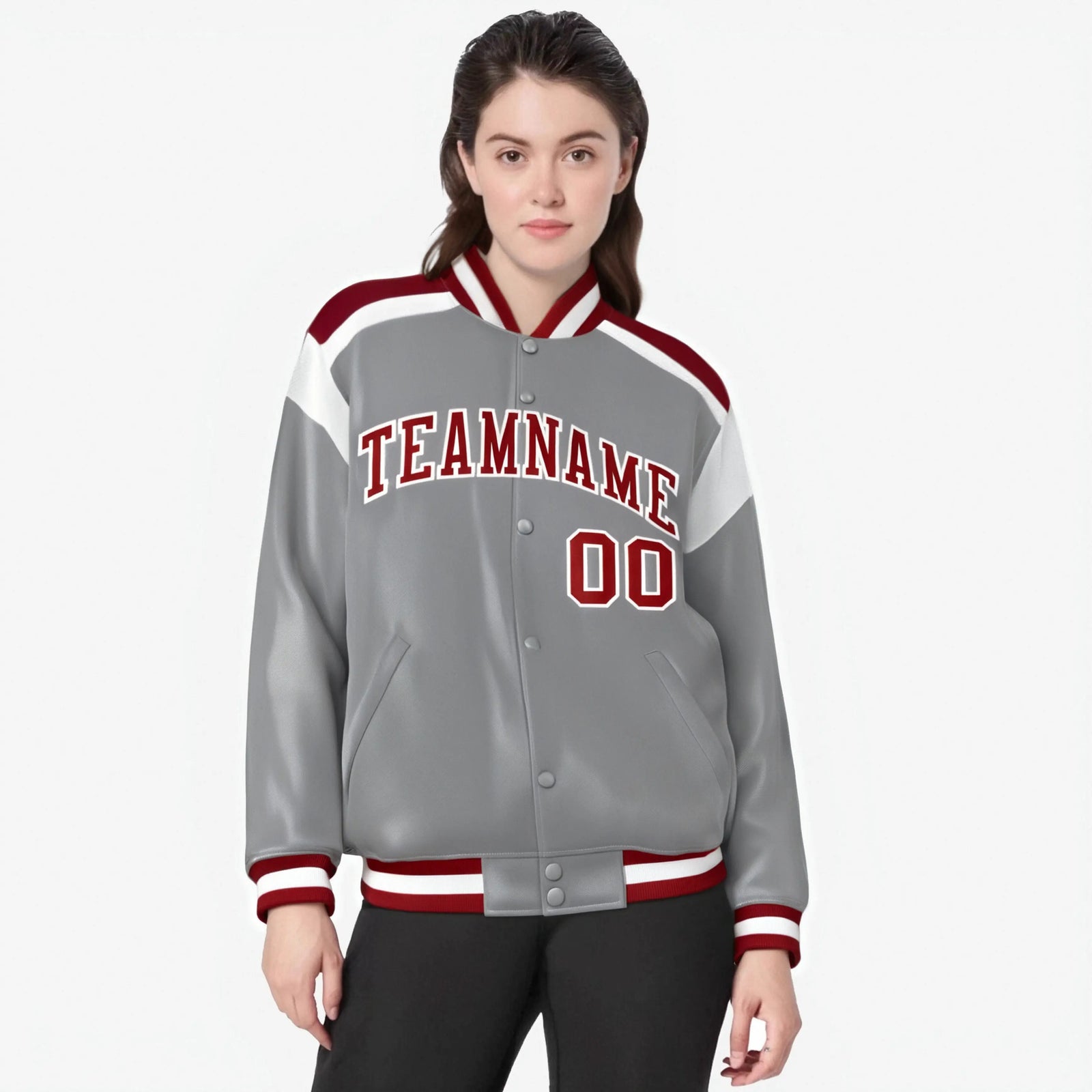 Custom Gray Red-White Bomber Full-Snap Varsity Letterman Shoulder Stripe Jacket