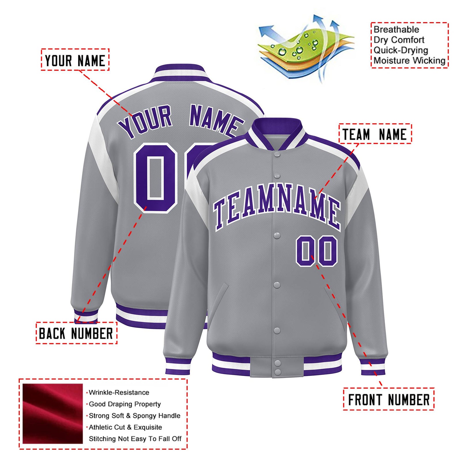Custom Gray Purple-White Bomber Full-Snap Varsity Letterman Shoulder Stripe Jacket