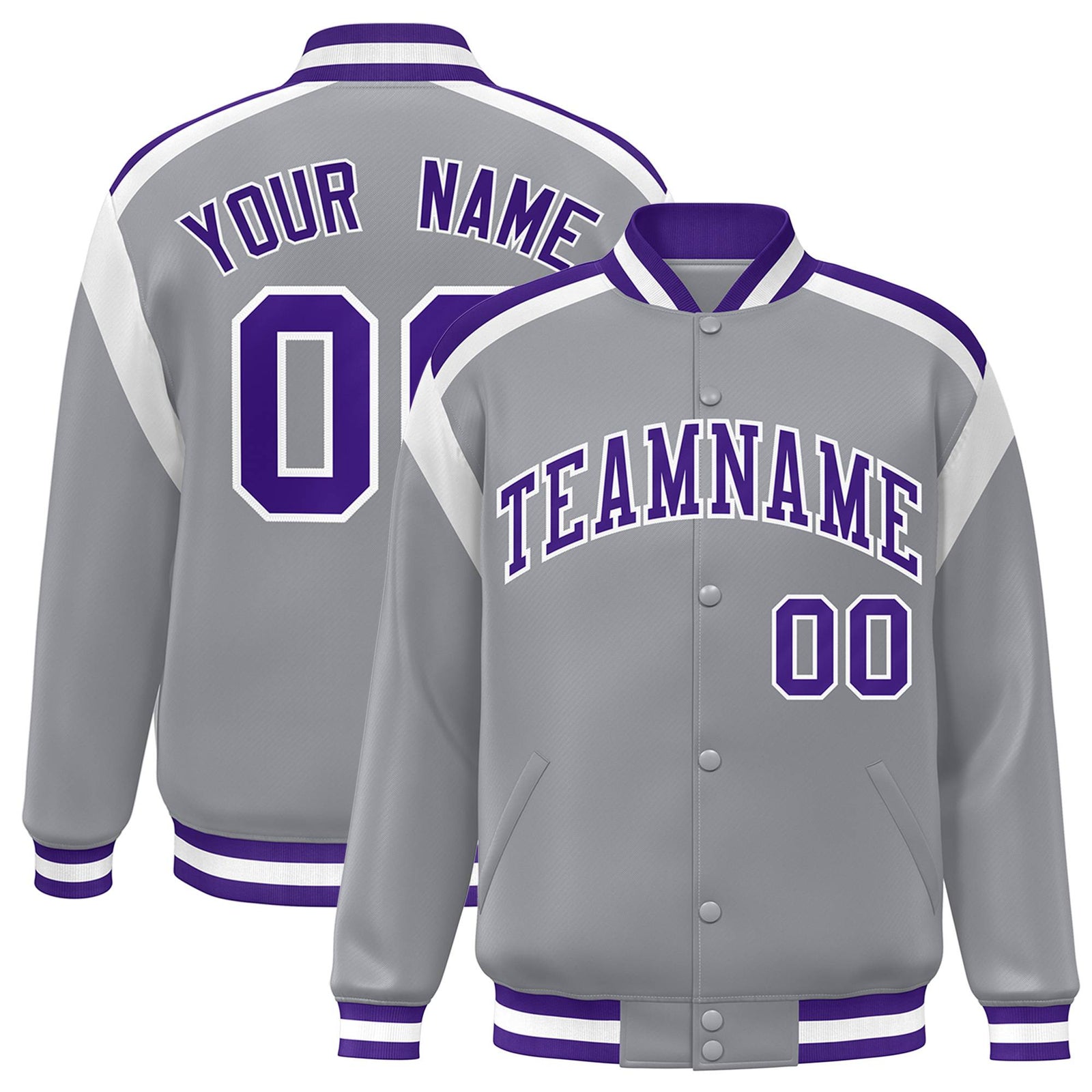 Custom Gray Purple-White Bomber Full-Snap Varsity Letterman Shoulder Stripe Jacket
