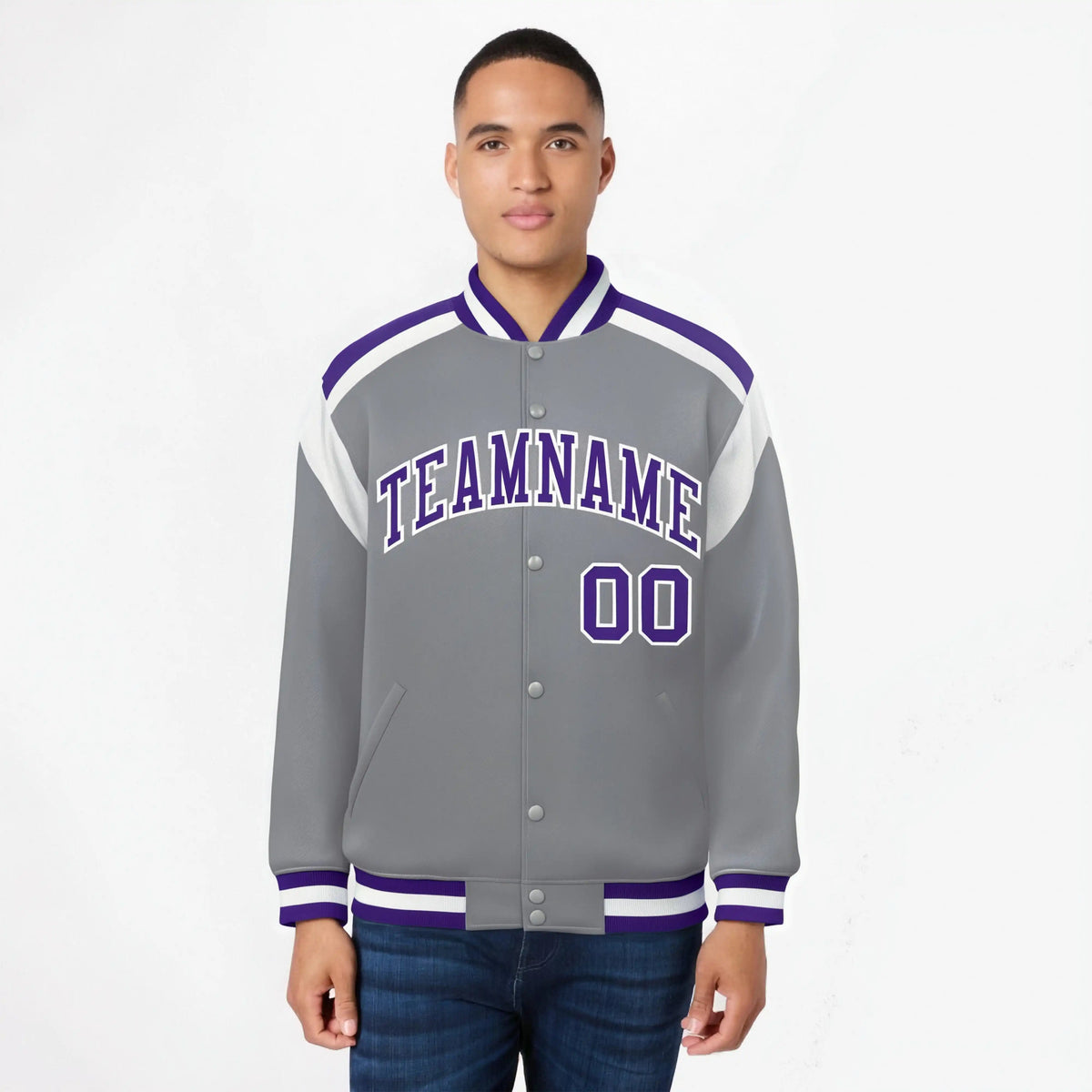 Custom Gray Purple-White Bomber Full-Snap Varsity Letterman Shoulder Stripe Jacket