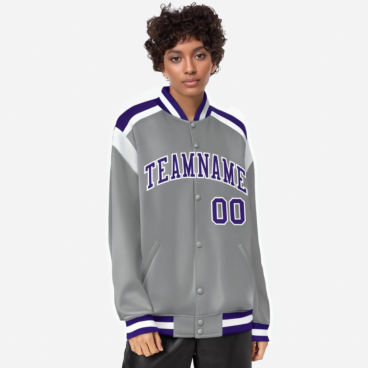 Custom Gray Purple-White Bomber Full-Snap Varsity Letterman Shoulder Stripe Jacket
