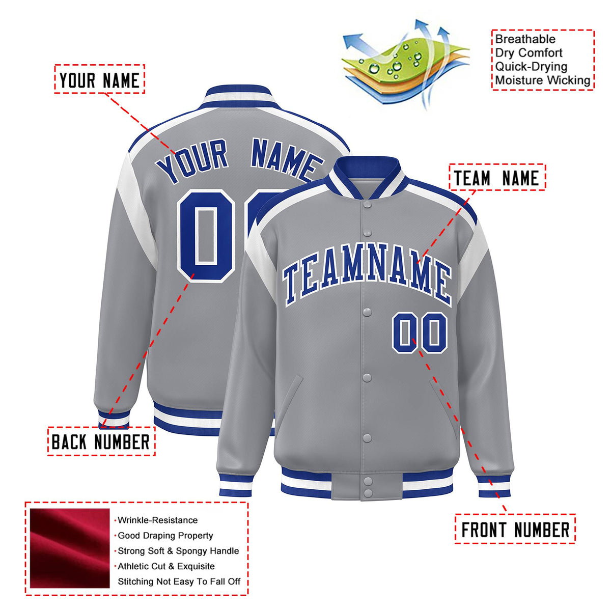 Custom Gray Blue-White Bomber Full-Snap Varsity Letterman Shoulder Stripe Jacket